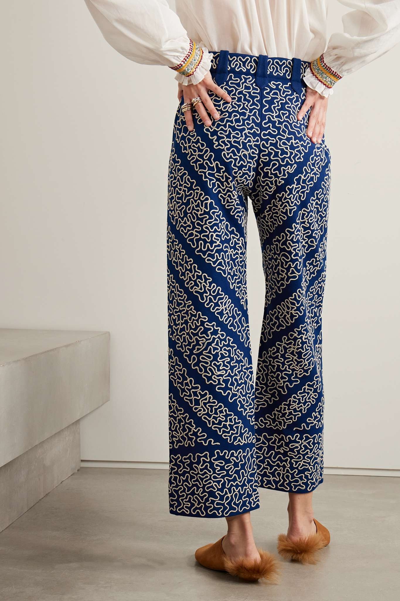 Bombora cropped embroidered wool-blend wide-leg pants - 4