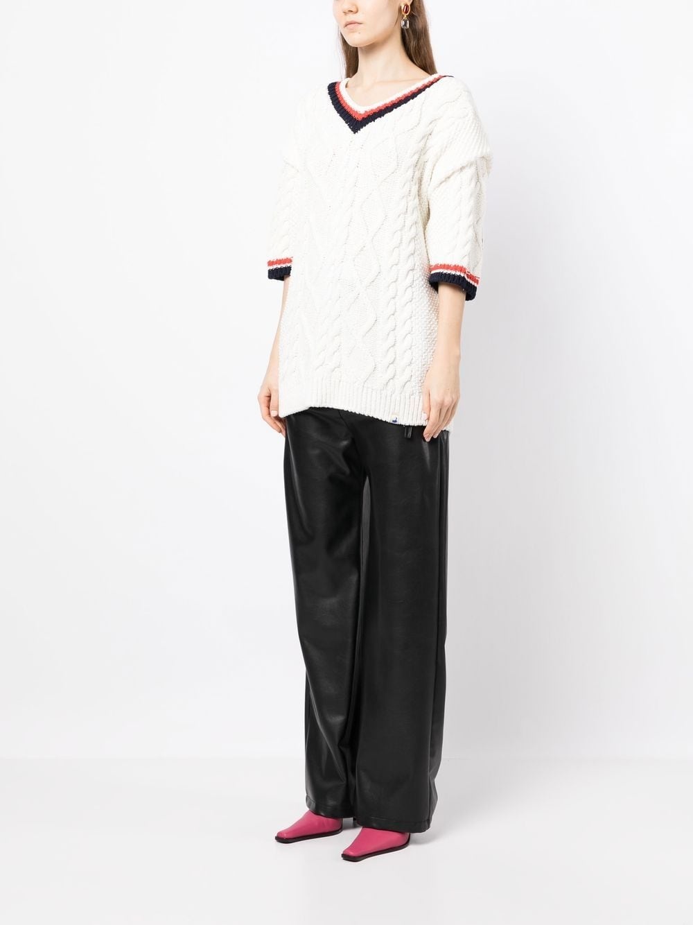 three-quarter sleeve cable-knit top - 3