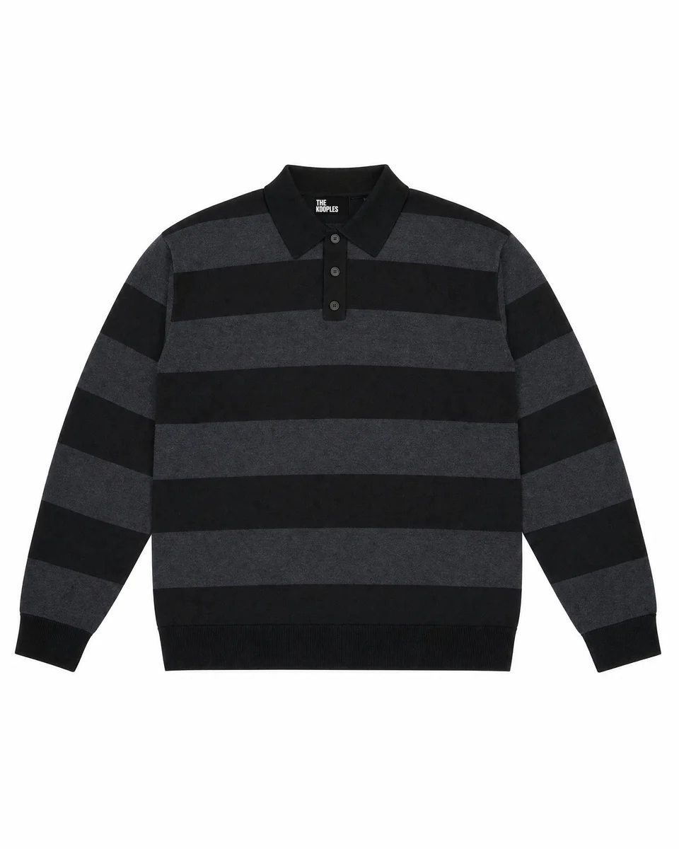 GRAY STRIPED WOOL POLO-NECK SWEATER - 1