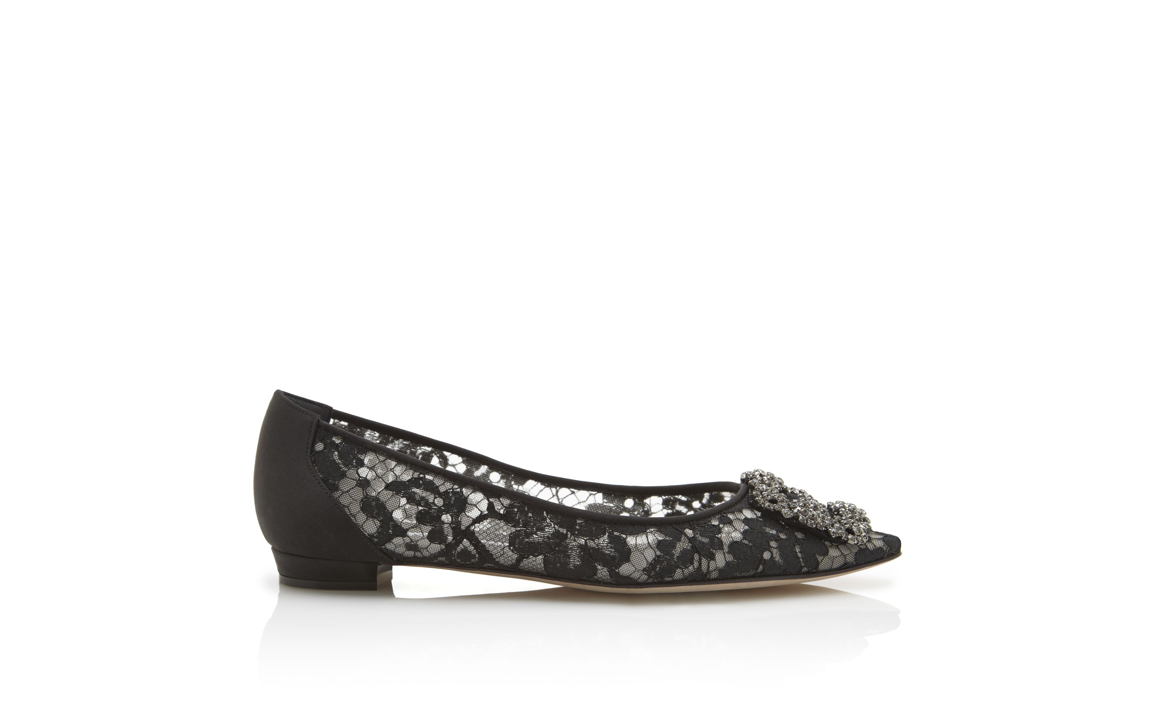 Black Lace Jewel Buckle Flat Shoes - 1