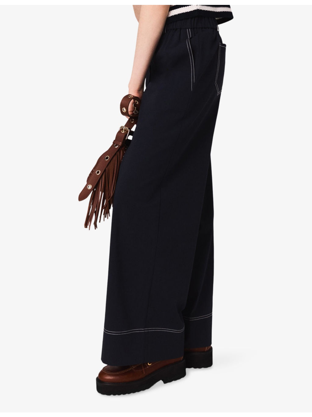 Belted-Waist Contrast-Stitch Stretch-Cotton Trousers - 4