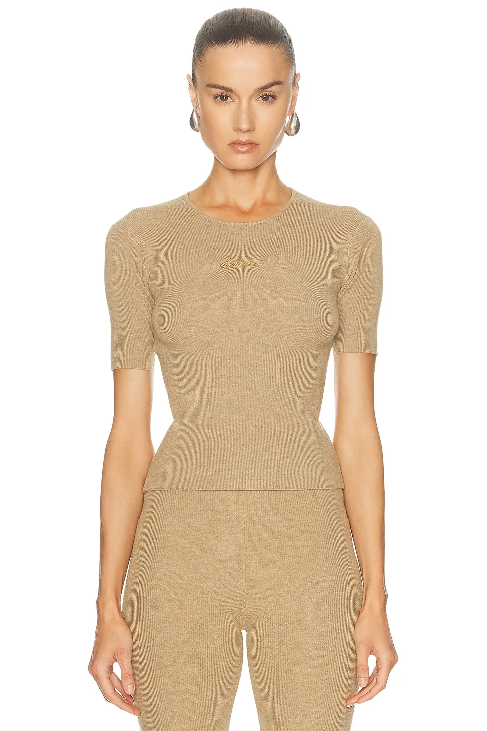 Signature Rib Knit Fitted Short Sleeve Rib Tee - 1