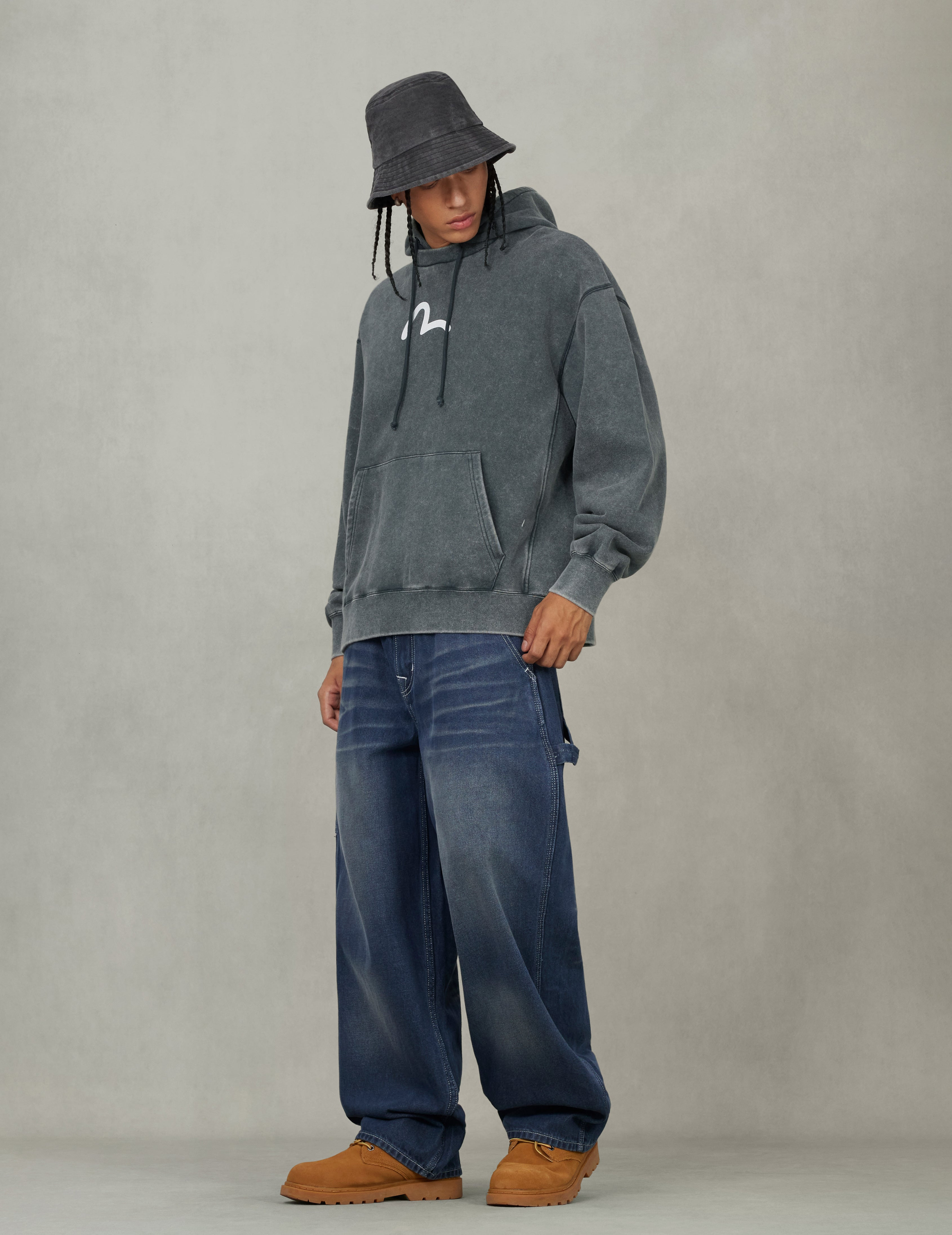 Washed Seagull and Logo Print Relax Fit Hoodie - 5