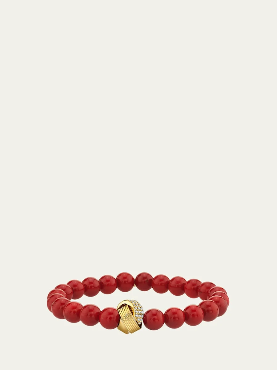 14K Diamond Tri-Linked Rondelle on Red Jade Stretch Bracelet - 1