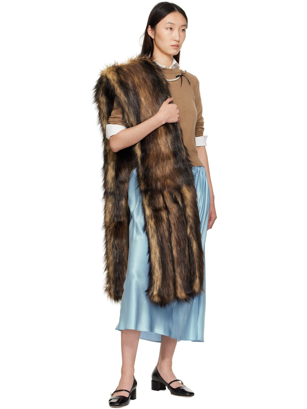 Beige & Brown Triple Slit Faux Fur Scarf - 2