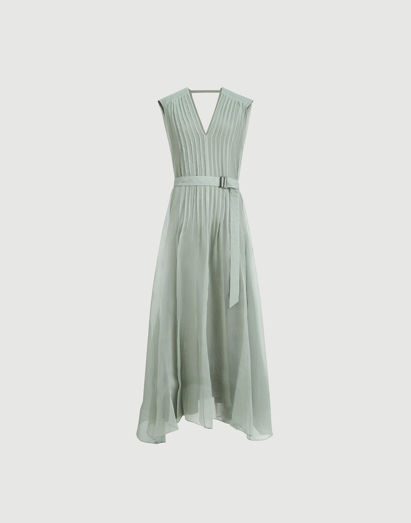 Crispy silk belted dress with pleated detail and precious strap 1