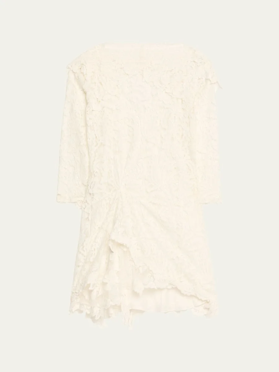 Rubiana Gathered Lace 3/4-Sleeve Mini Dress - 1