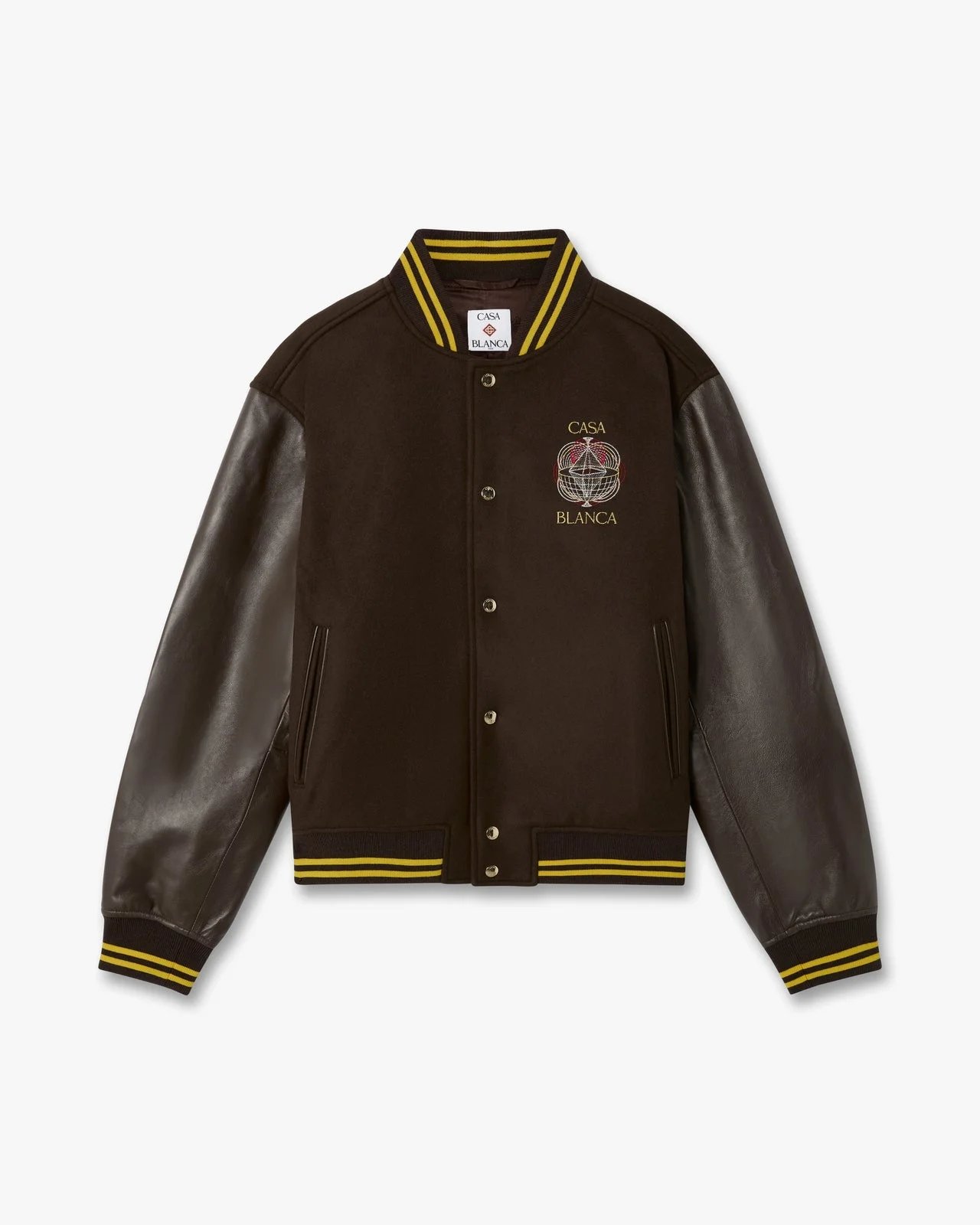 Brown Celestial Pyramid Wool & Leather Varsity Jacket - 1