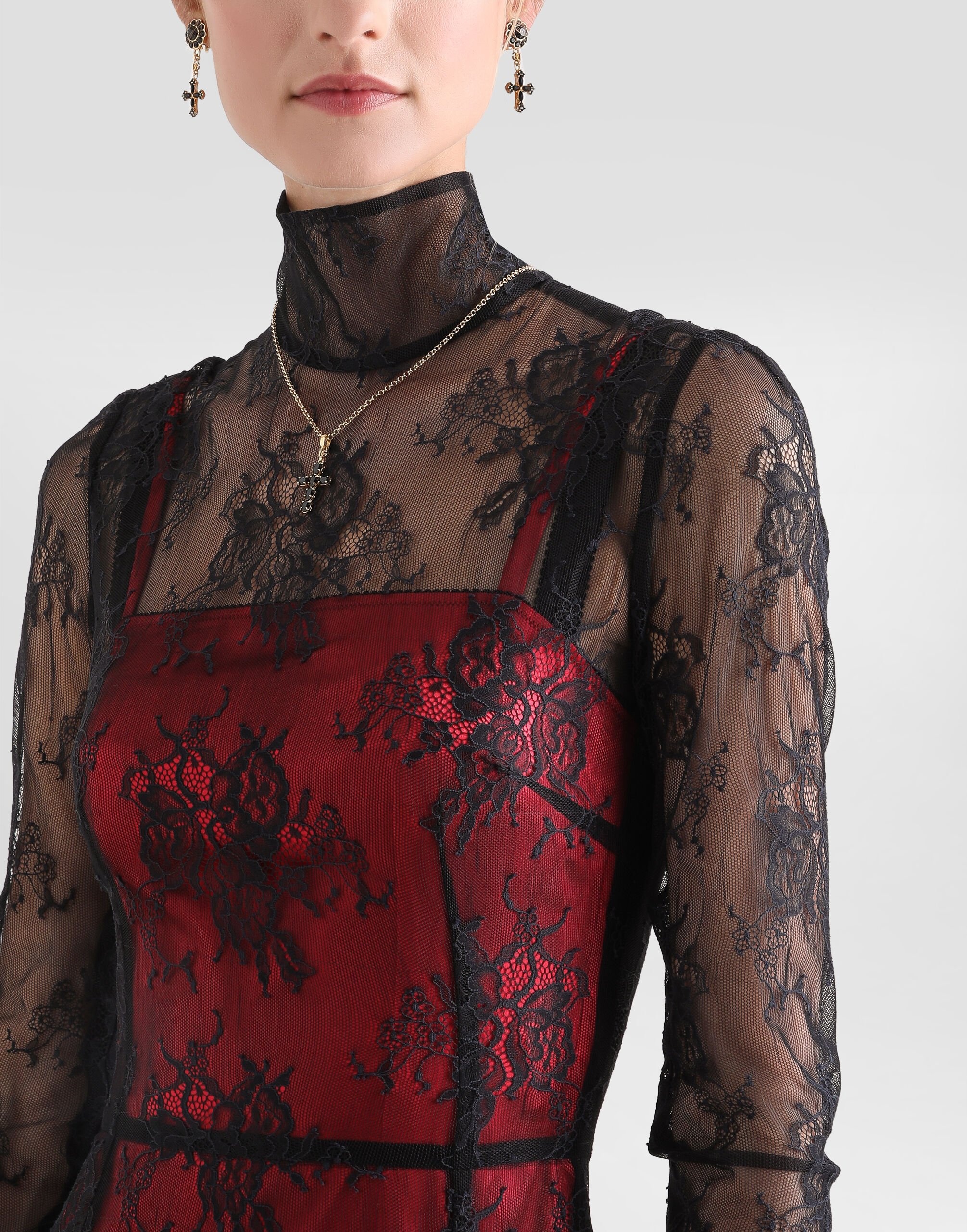 Lace calf-length dress with high neck and contrasting lining - 4