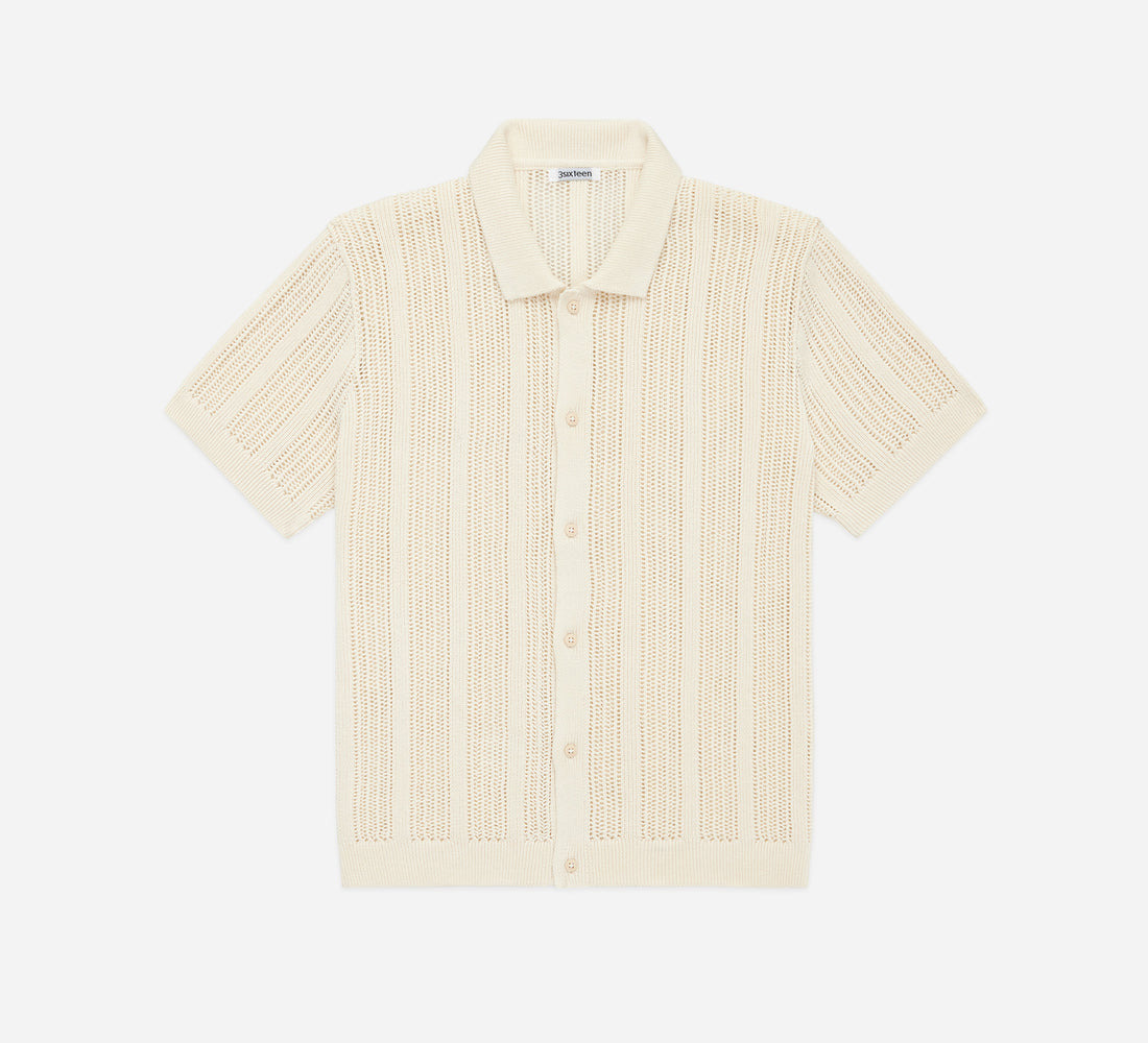 Short Sleeve Knit Shirt - Ecru Mesh Stripe - 1