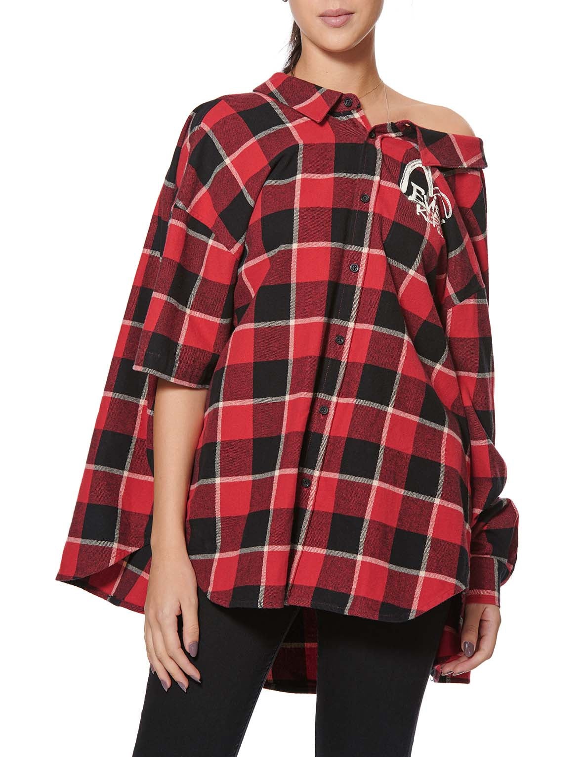 Calligraphy Print Asymmetric Flannel Shirt - 11