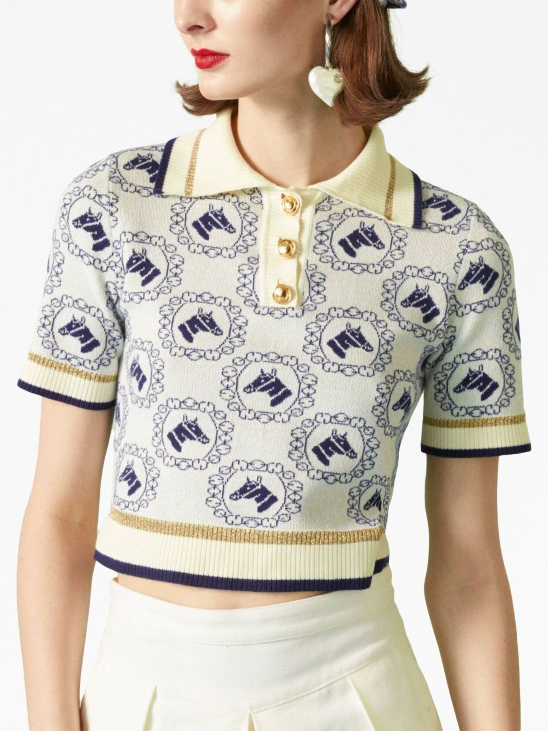 White Equestrian Jacquard Polo Top - 5