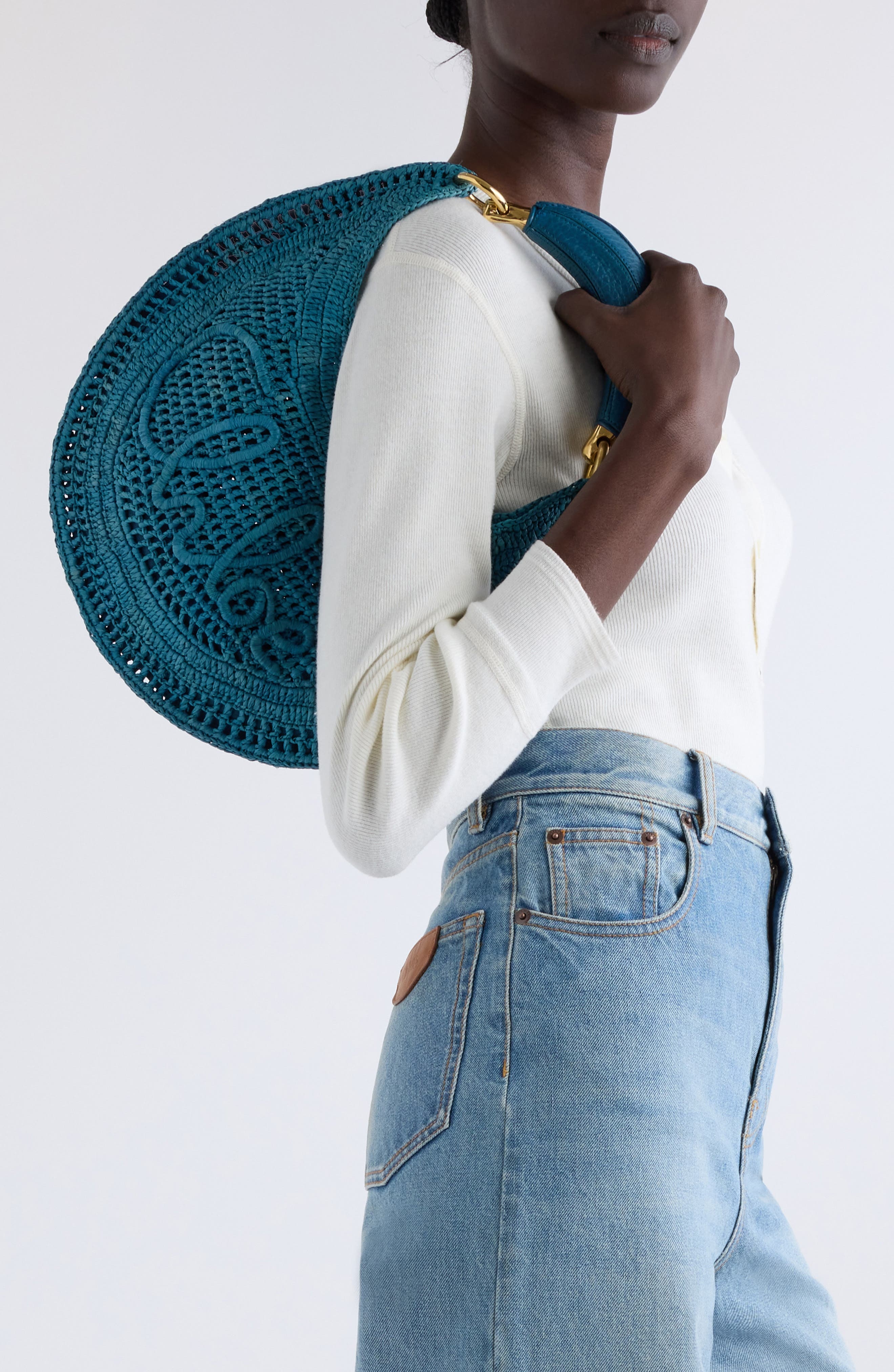 Chloé Summer Banana Crochet Raffia Hobo Bag in Stormy Sea at Nordstrom - 6