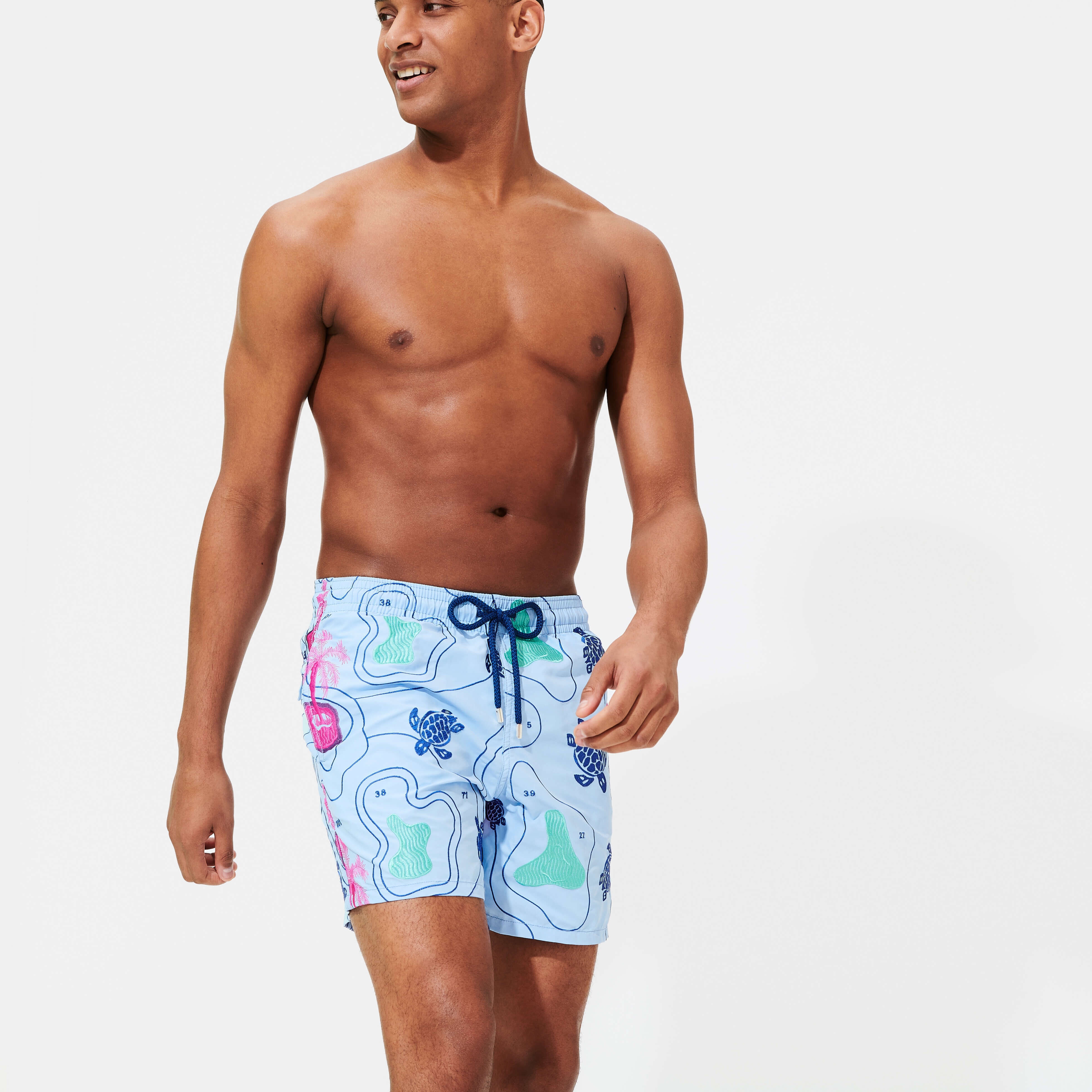 Men Swim Trunks Embroidered Sea Floor Map - 3