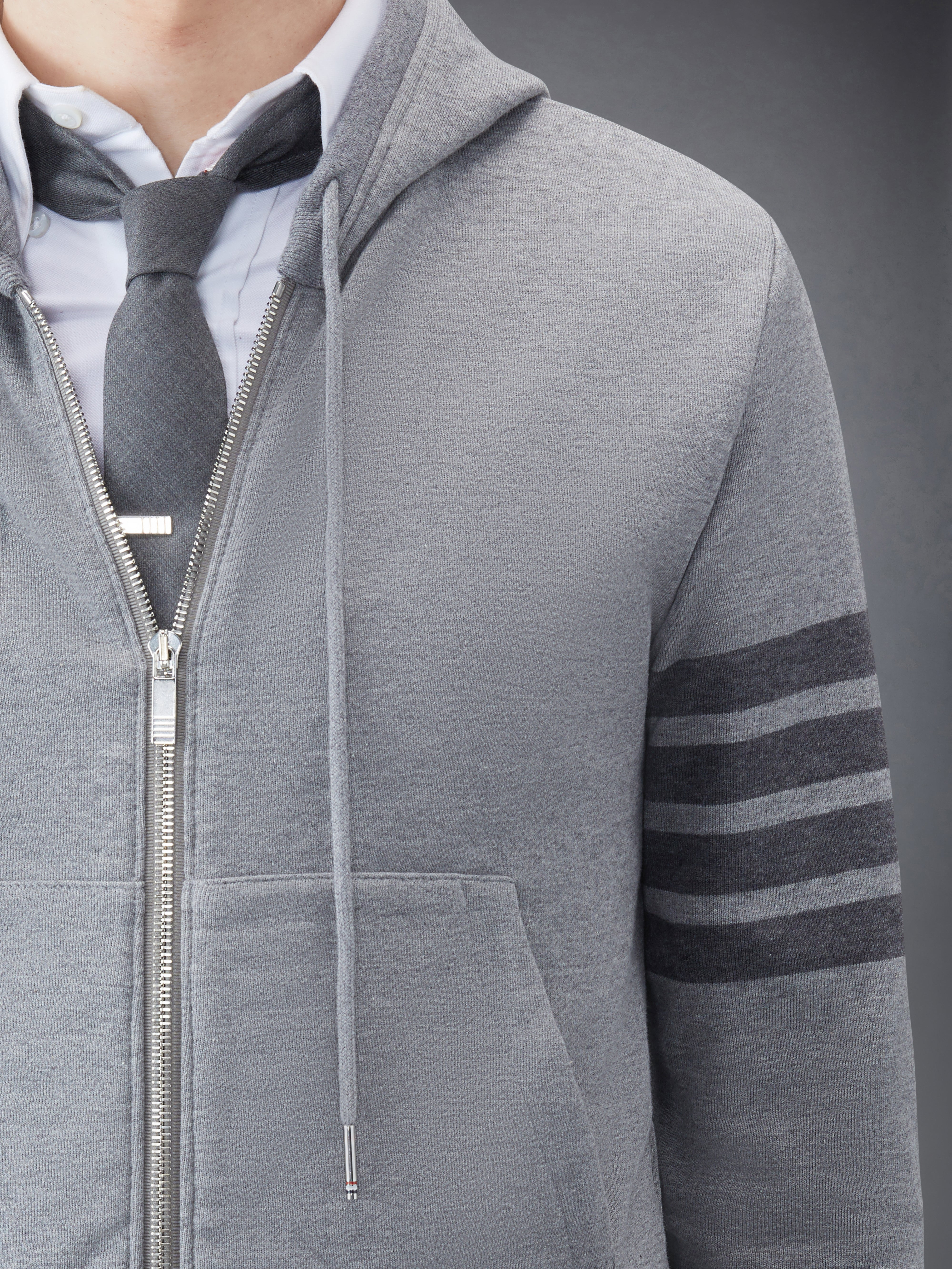 Medium Grey Cotton Loopback Relaxed Fit Tonal 4-Bar Zip-up Hoodie - 5