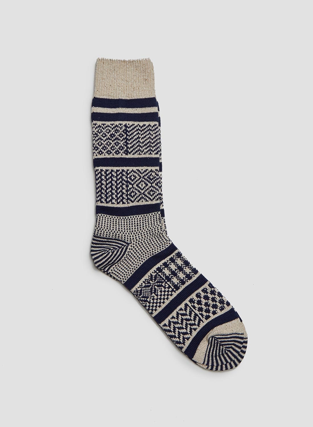 Rototo Multi Jacquard Crew Sock in Ivory/Navy - 3