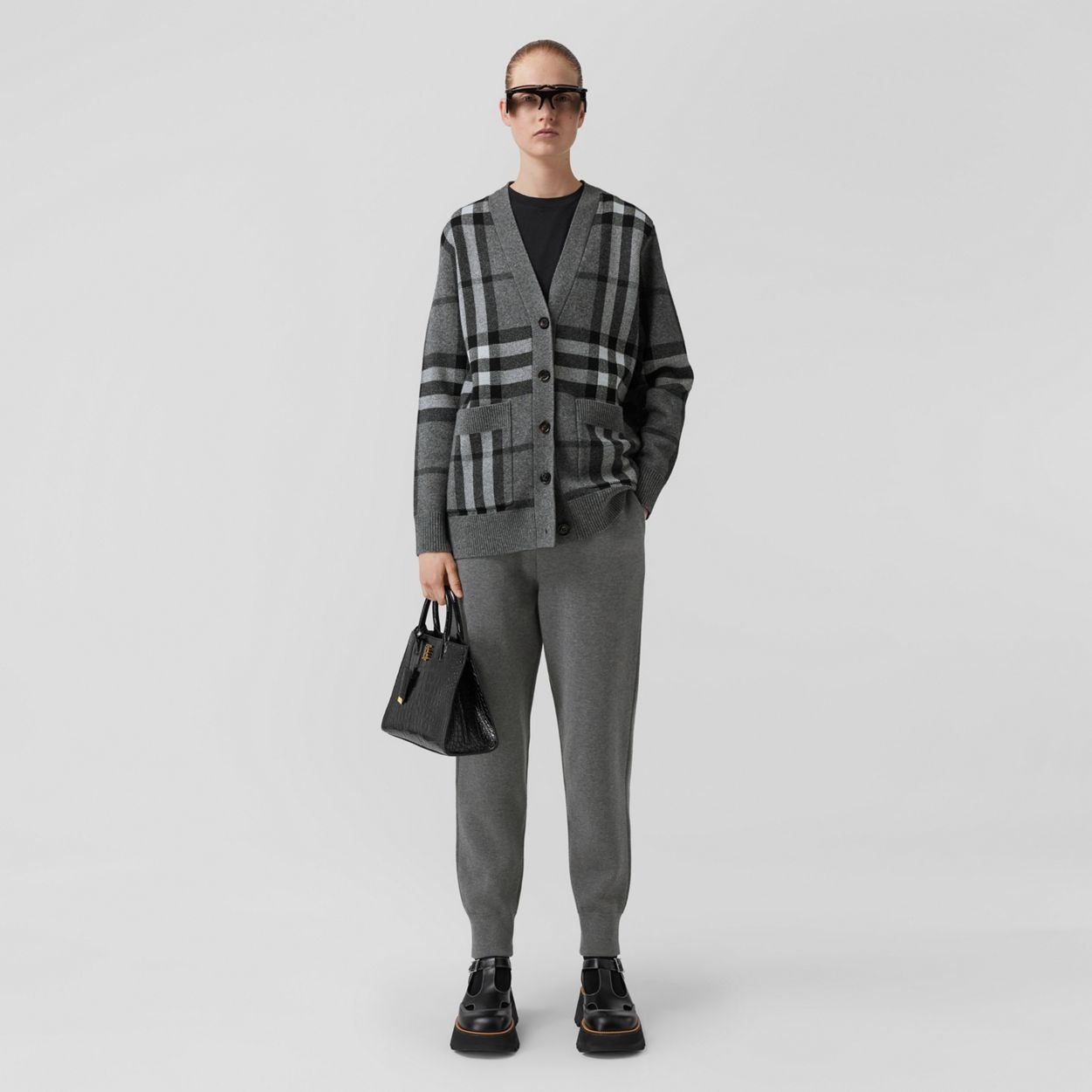 Check Wool Cashmere Jacquard Oversized Cardigan - 6