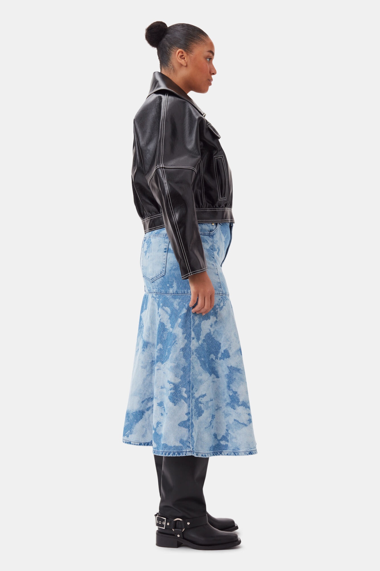 BLUE BLEACH DENIM FLOUNCE MIDI SKIRT - 7