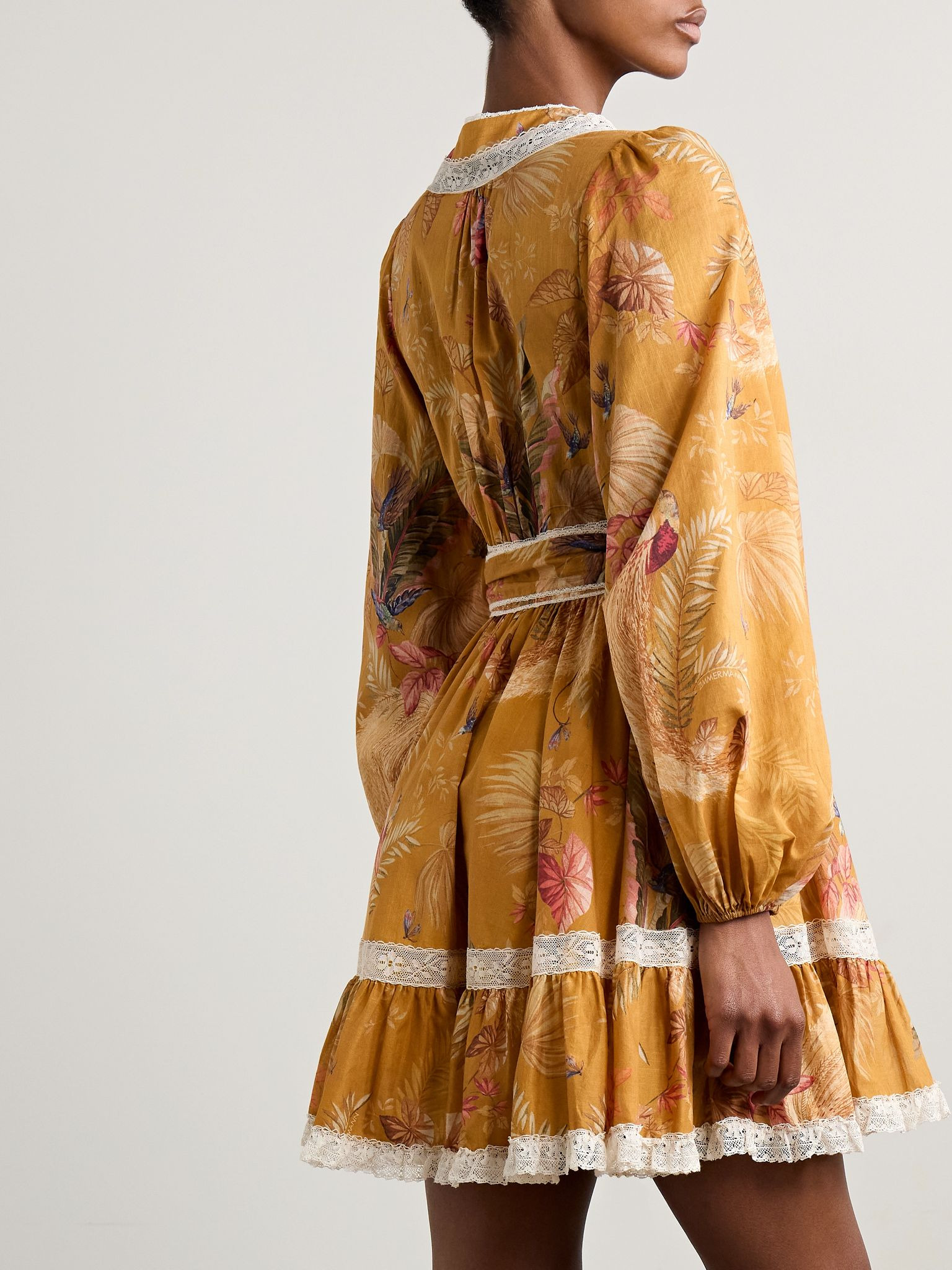Ascension lace-trimmed tiered printed cotton-voile mini wrap dress Yellow - 3