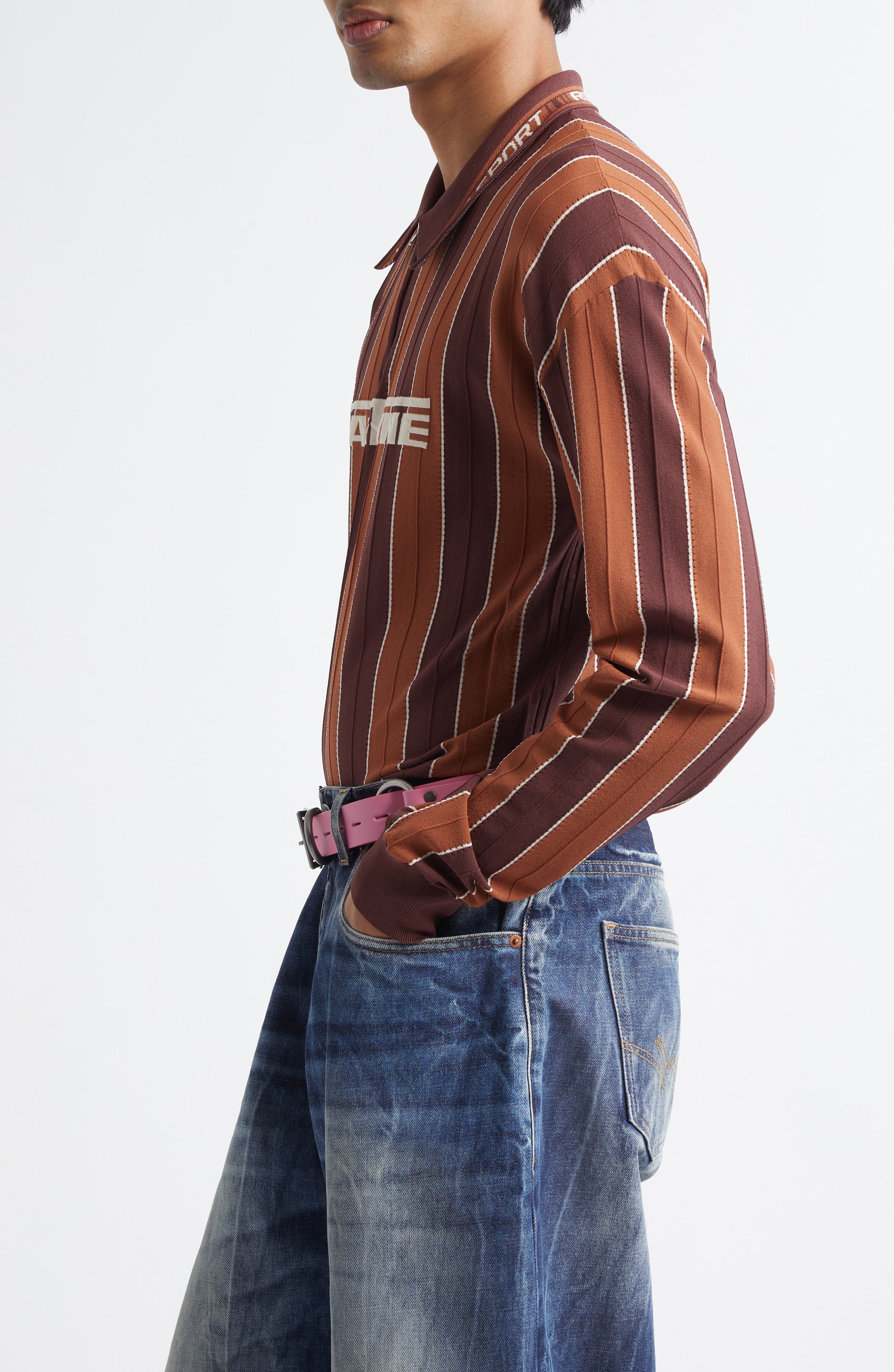 Martine Rose Logo Jacquard Stripe Long Sleeve Zip Polo in Brown at Nordstrom - 4