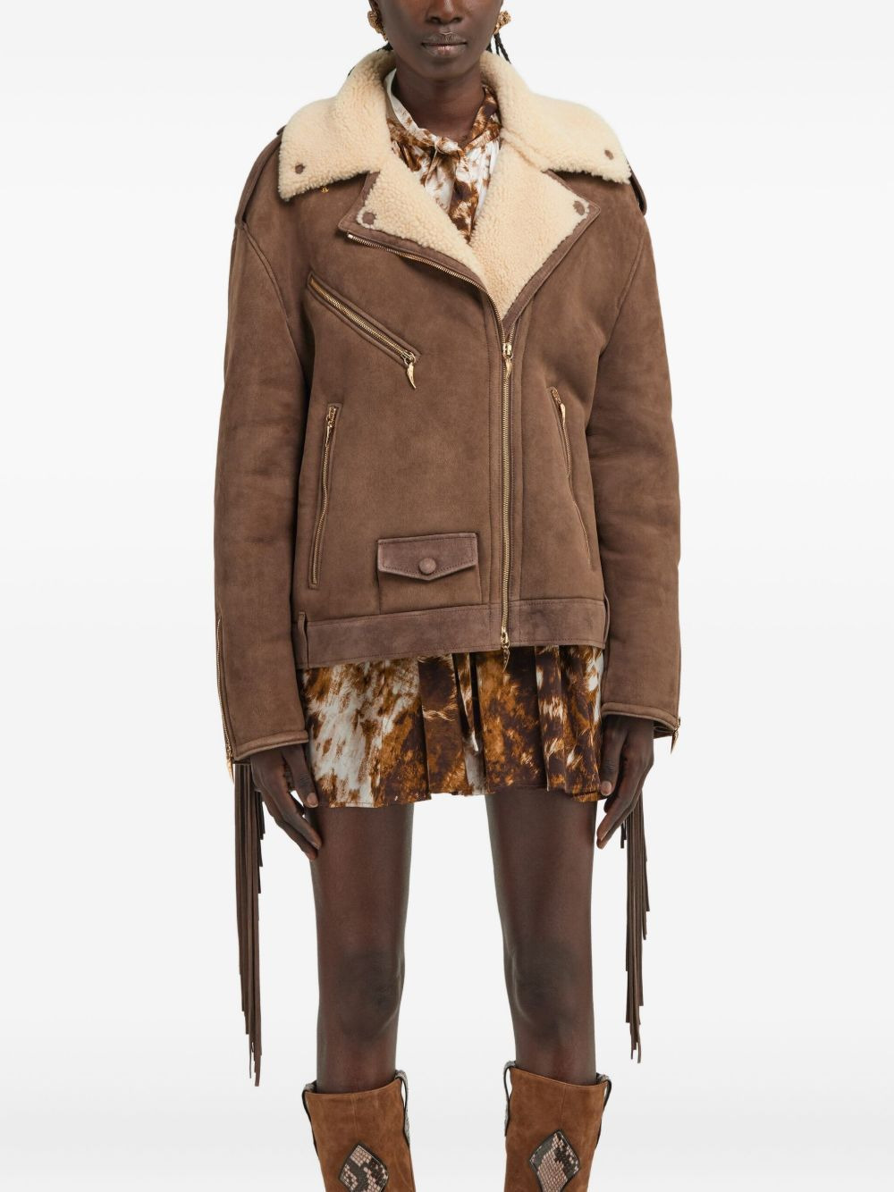 shearling-trimmed fringed leather jacket - 4