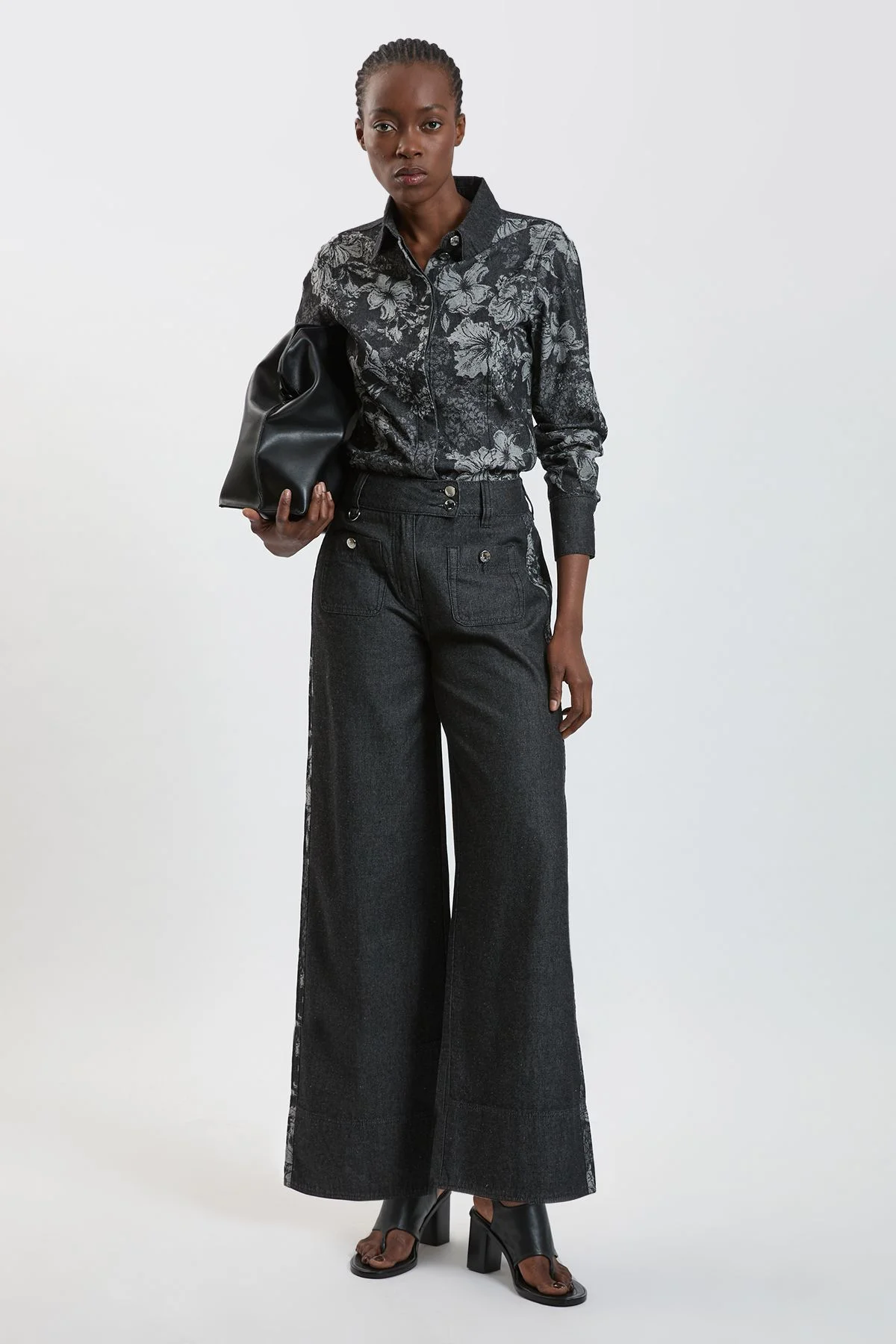 Jacquard Denim Contrast Collar and Cuff Shirt - 1
