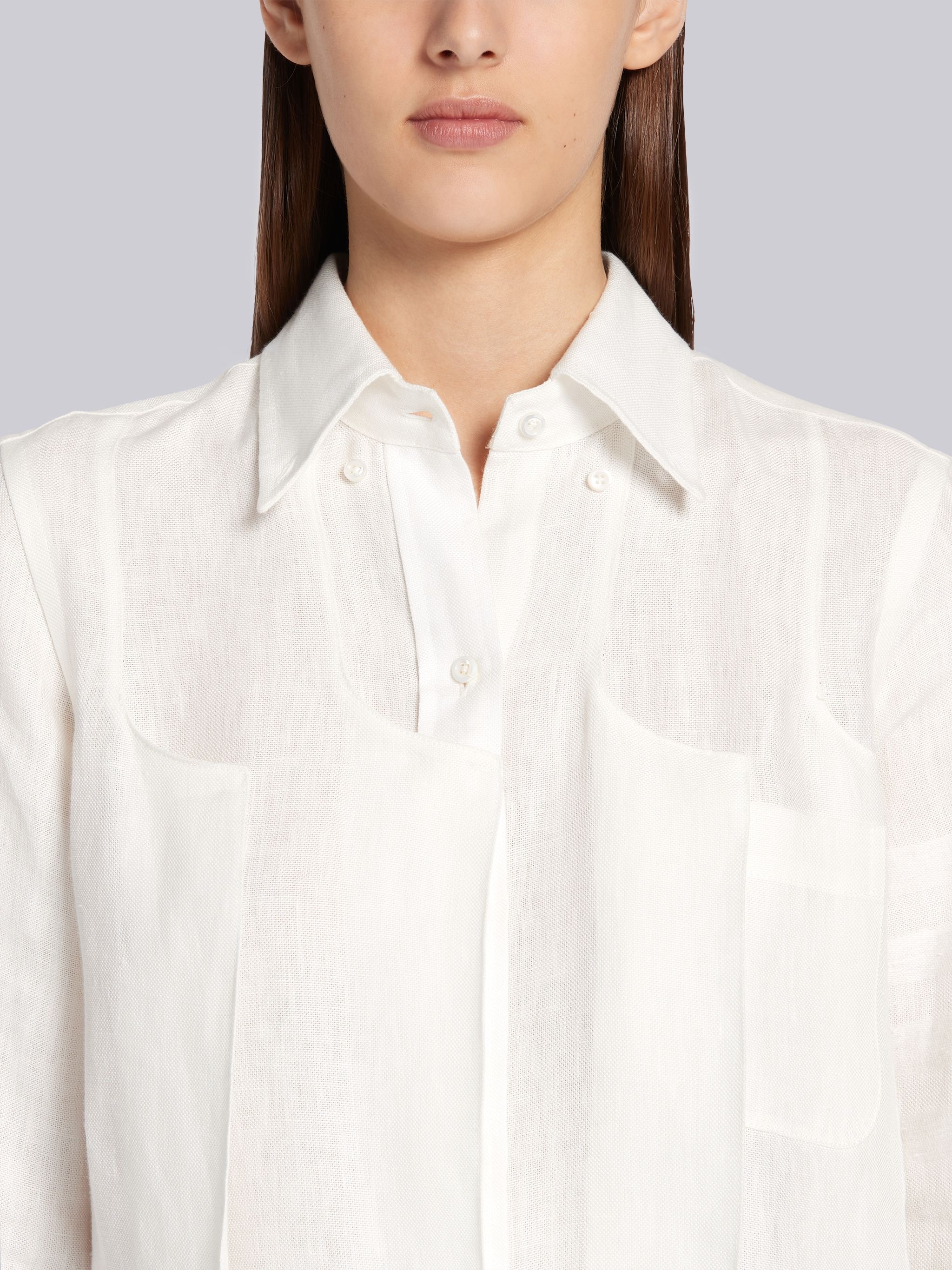White Crispy Linen Inverted Pleat Below the Knee Tonal 4-Bar Dress - 4