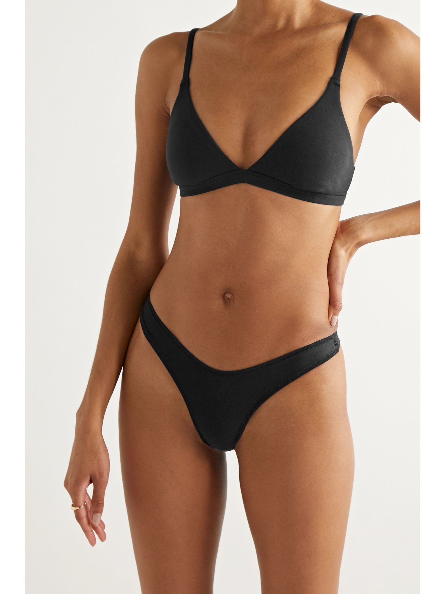 Cotton-Blend Jersey Dipped Thong - Soot Black - 2