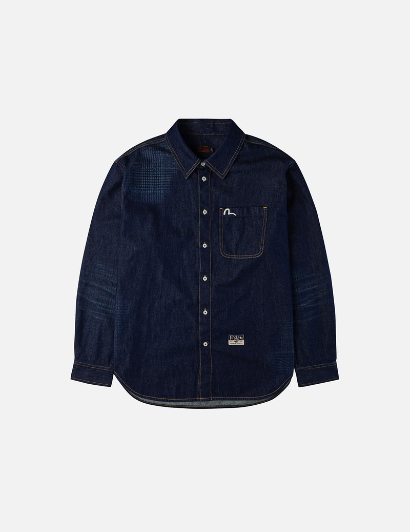 Handbrush Houndstooth Print Relax Fit Denim Shirt 3