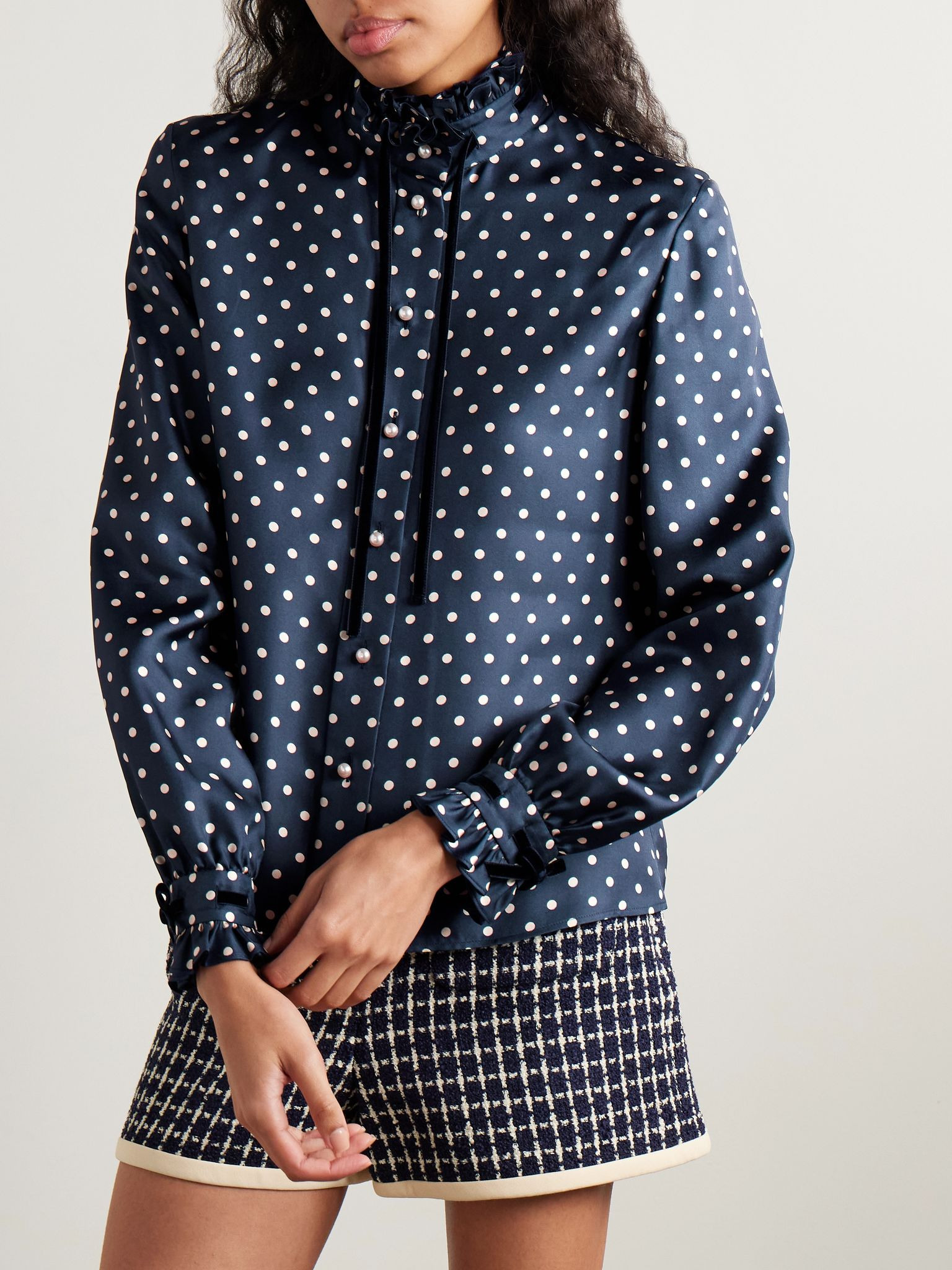 Velvet-trimmed ruffled polka-dot silk-twill shirt Navy - 3