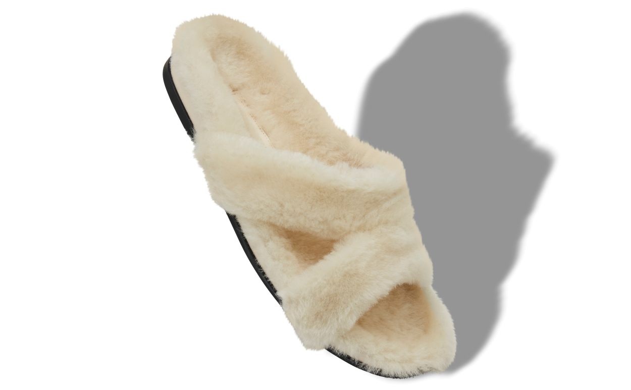 Cream Shearling Open Toe Flat Mules - 2