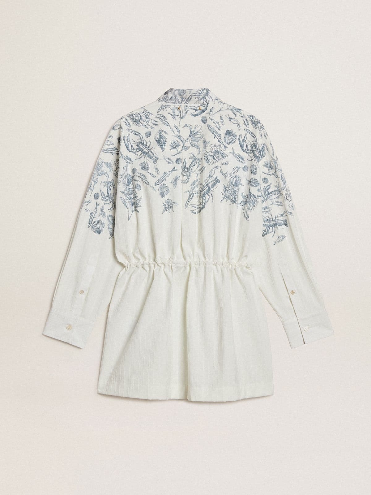 Women's short shirt dress in white striped cotton with a blue marine print - 6