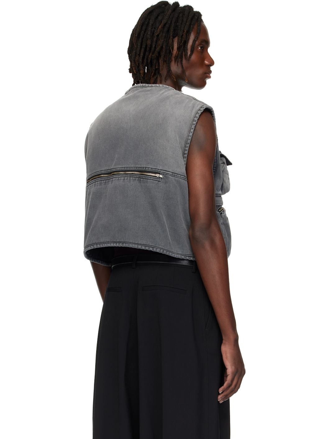 Gray Wadded Denim Cargo Vest - 3