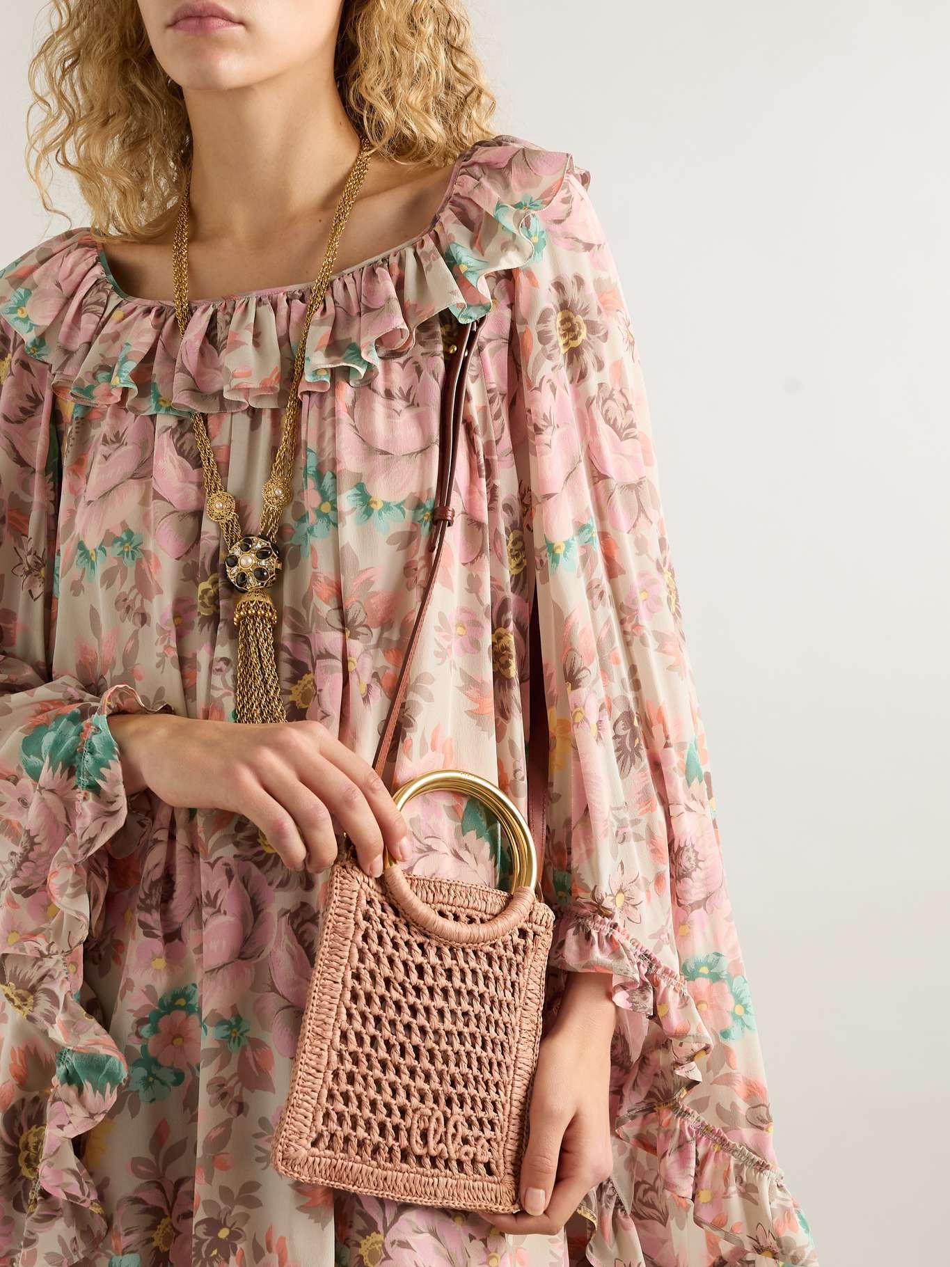 Summer Banana small leather-trimmed woven raffia tote bag Beige - 2