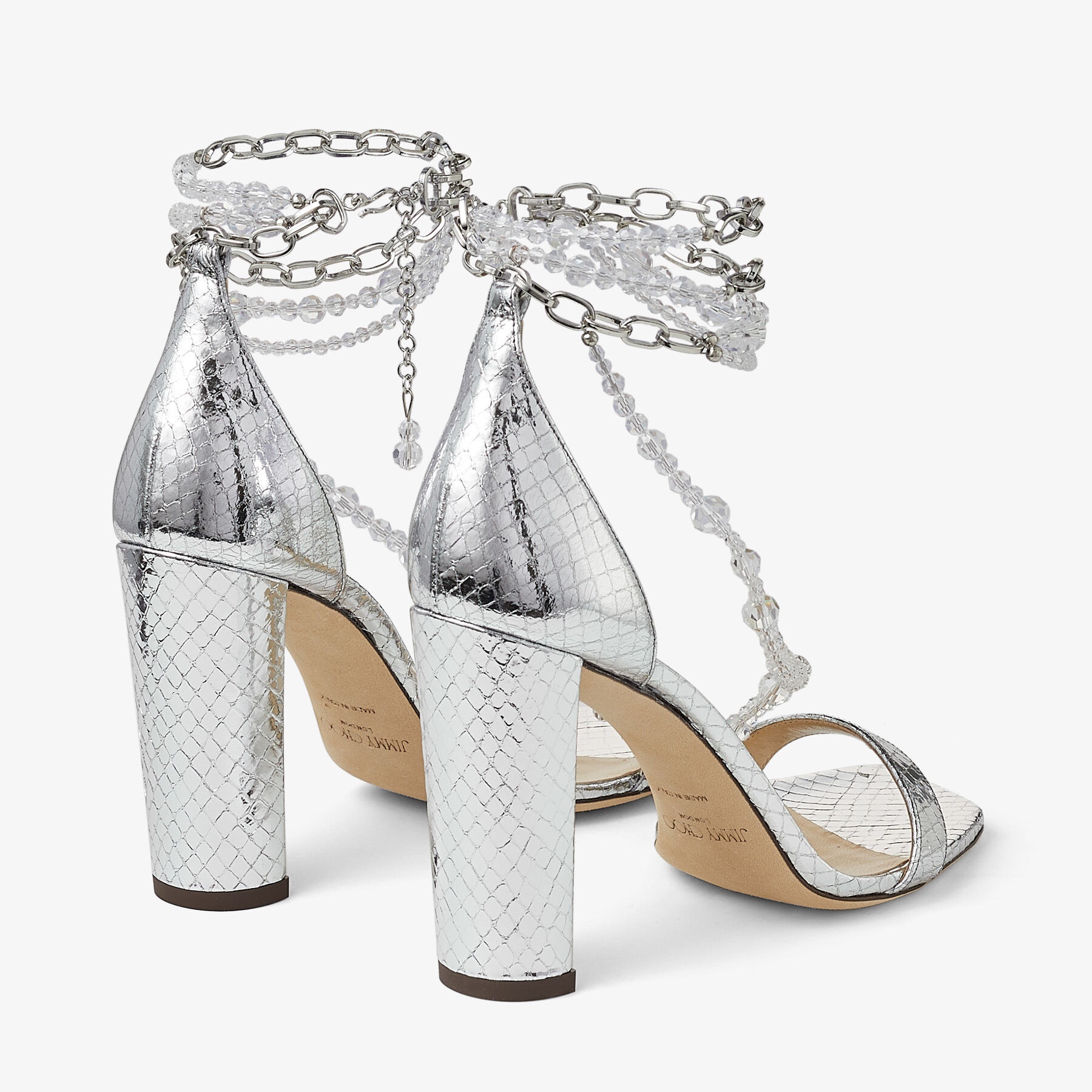 Neena 100
Silver Leather Sandals with Chain and Glass Bead Embellishment - 6