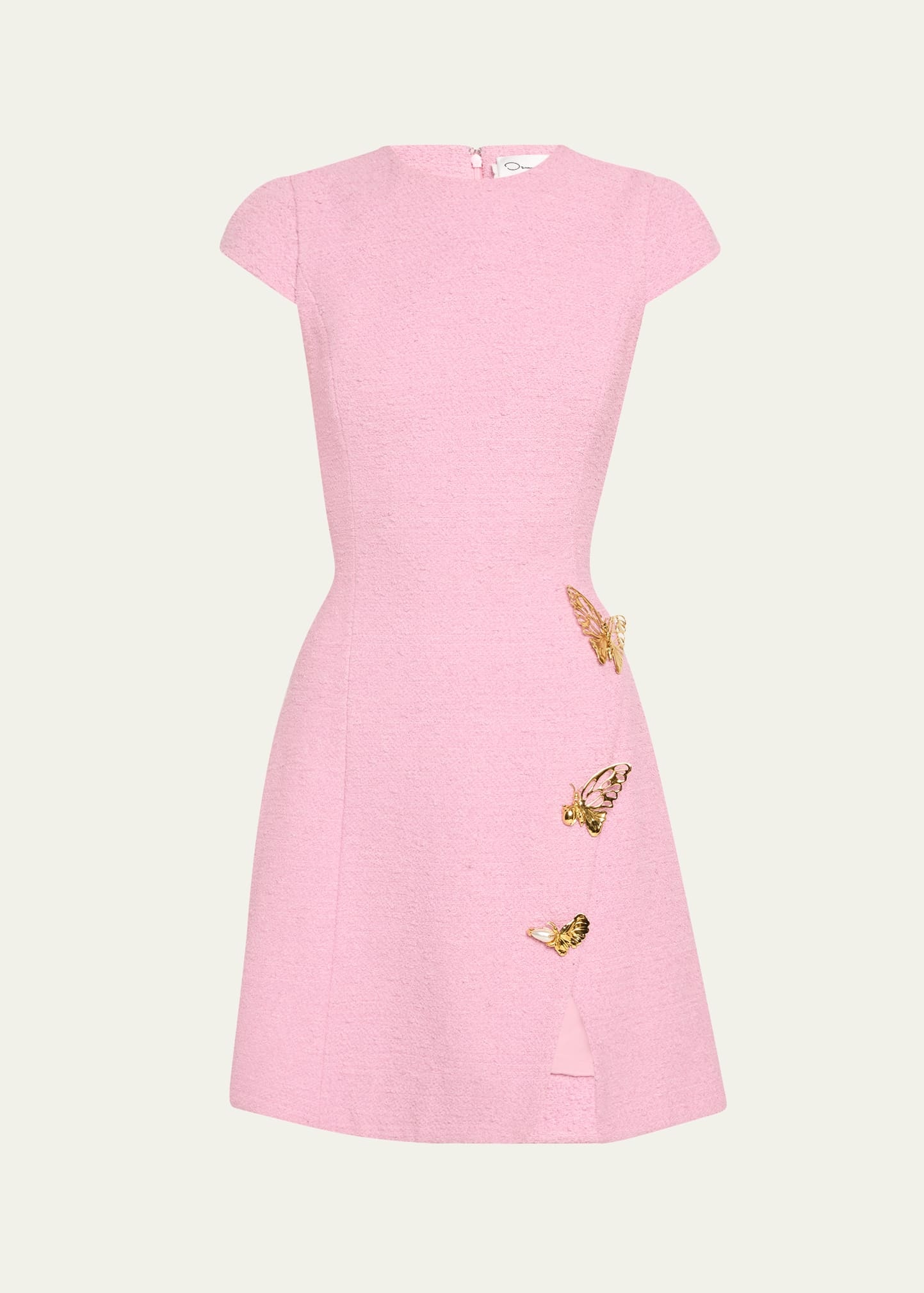 Cap-Sleeve Butterfly-Slit Tweed Mini Dress - 1