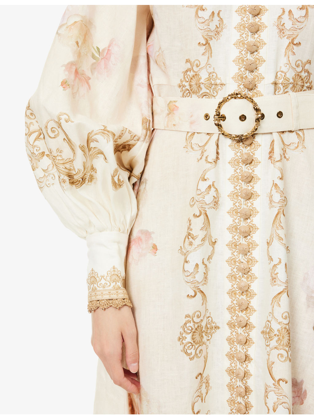 Printed Silk-Belt Buttoned Linen Midi Dress - 5