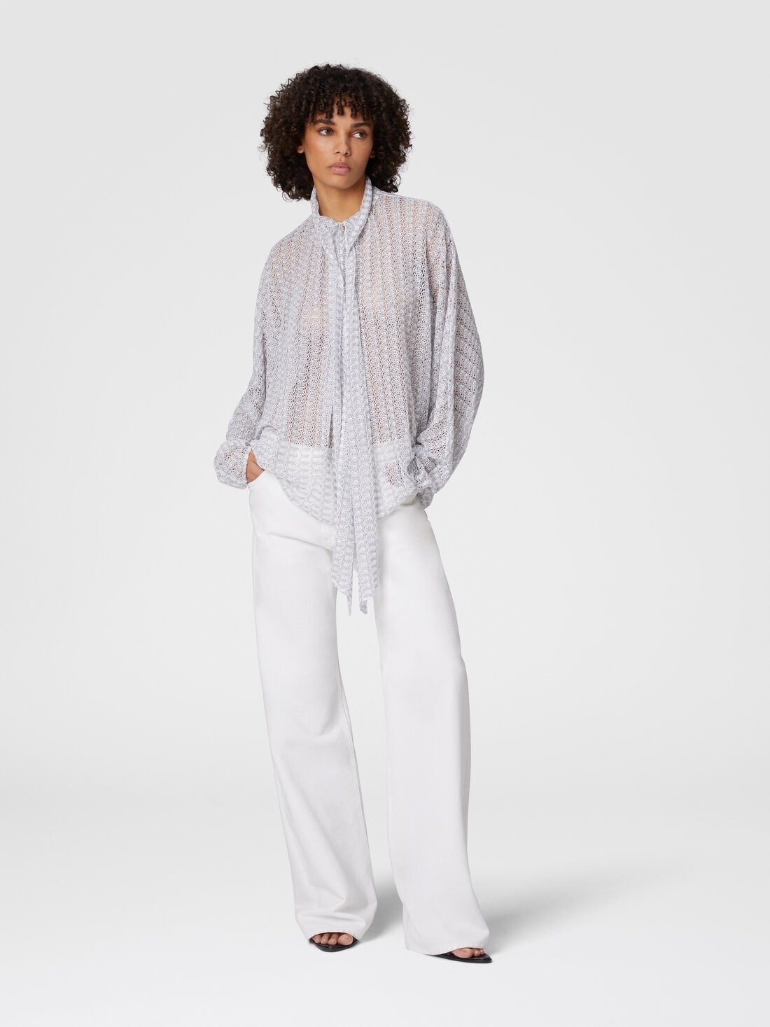 Lamé viscose lace blouse with sash collar - 2