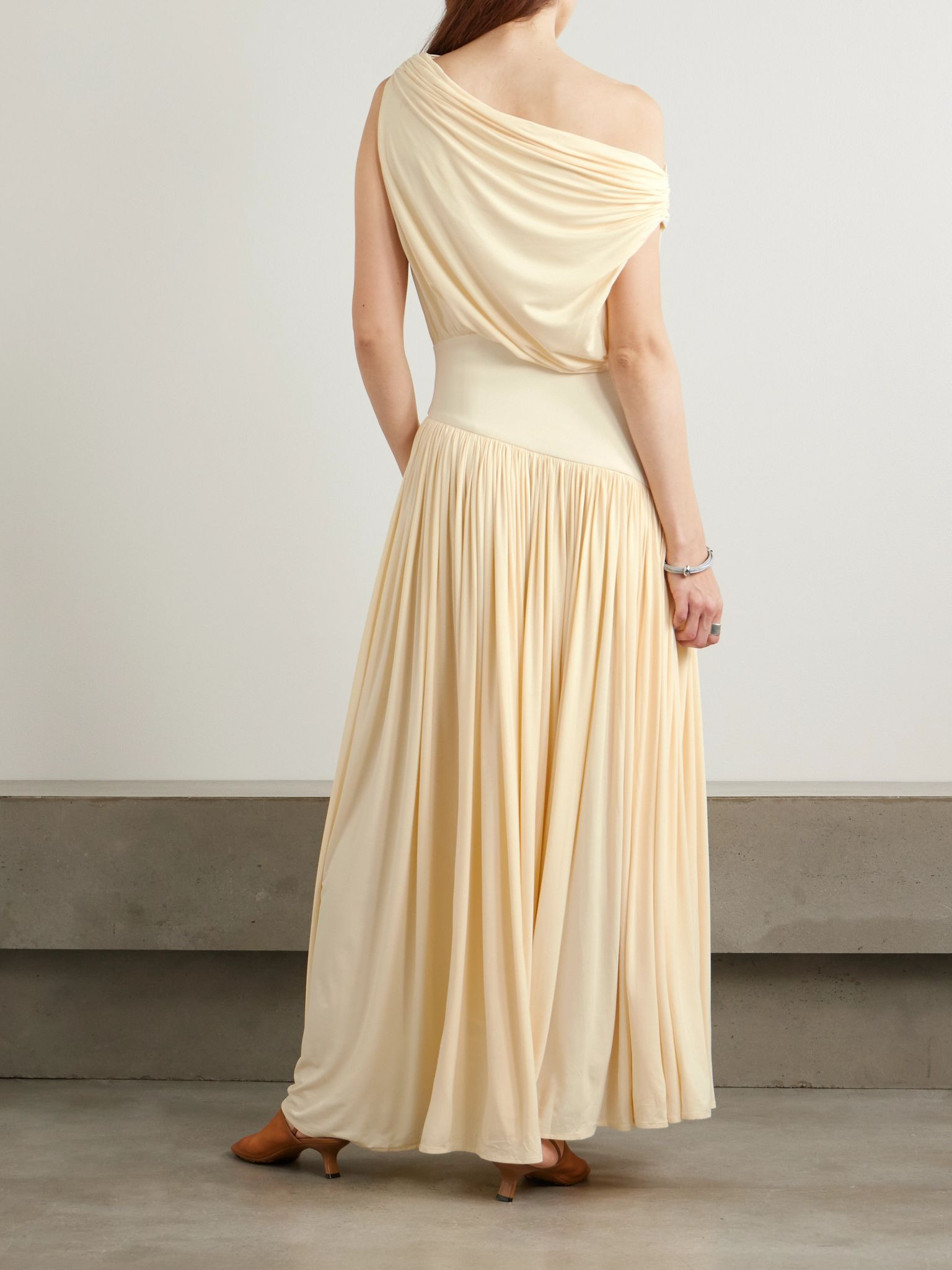 One-shoulder asymmetric draped jersey-trimmed stretch-bamboo maxi dress Cream - 3