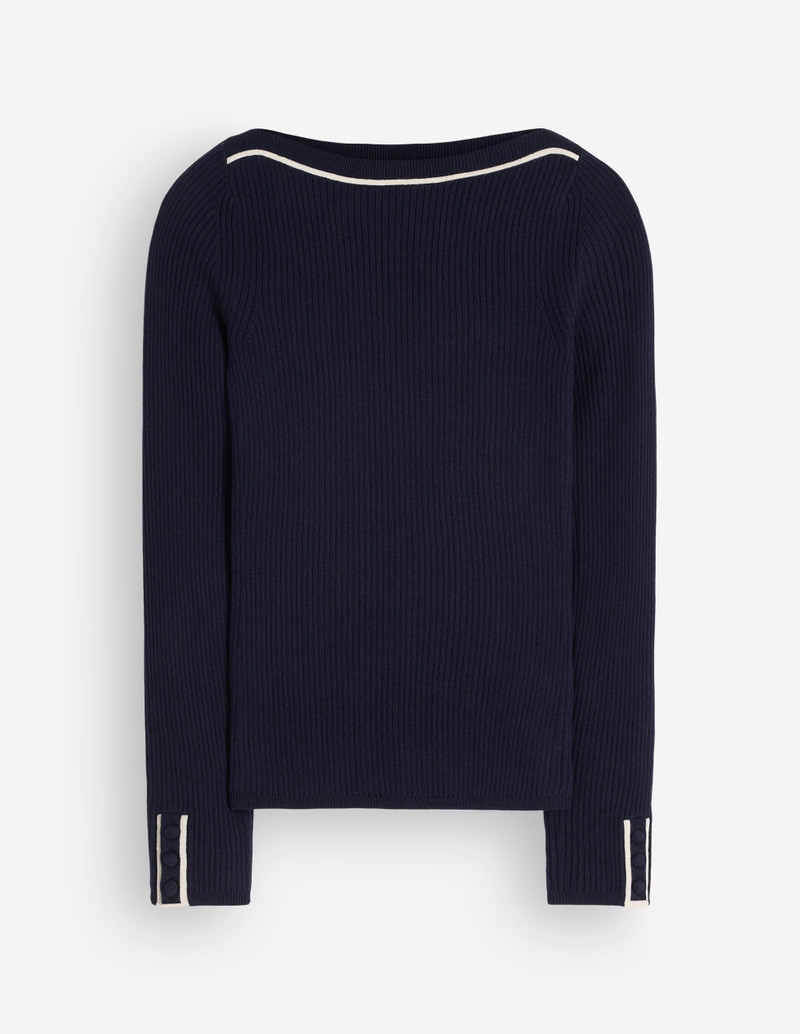 Paula Ribbed Boatneck Jumper-Navy - 1