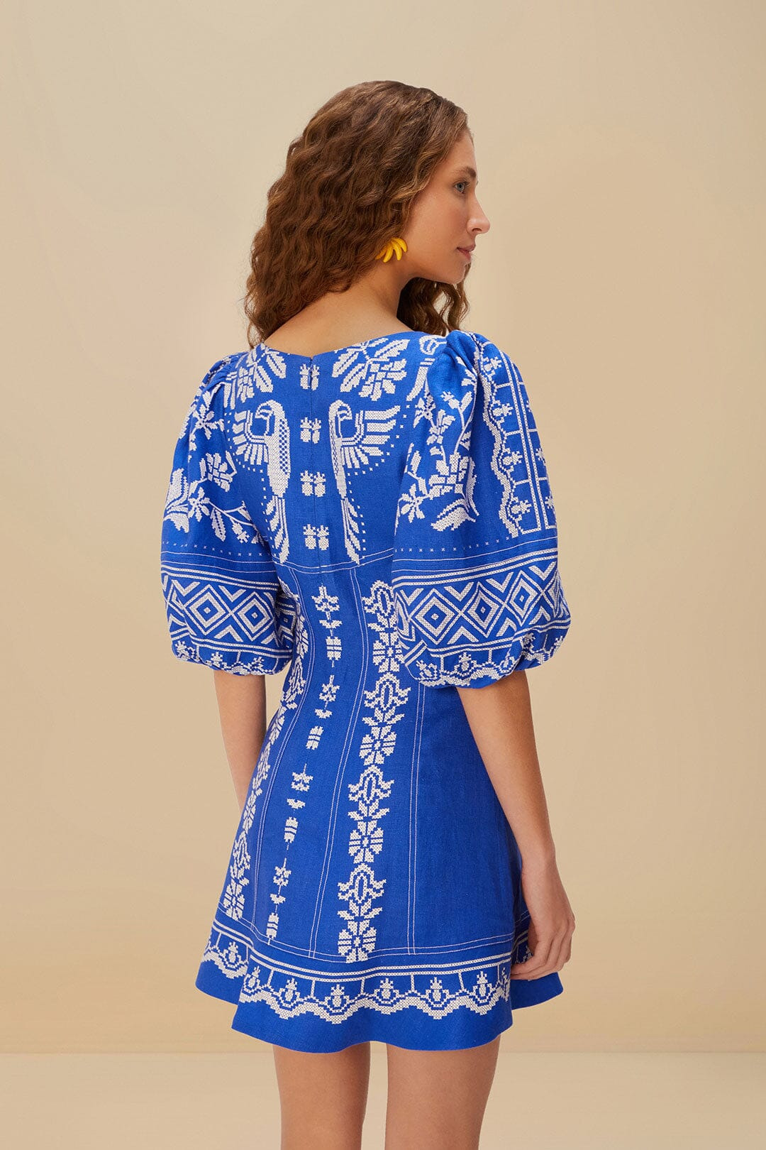 Blue Tropical Cross Stitch Euroflax™ Premium Linen Mini Dress - 3