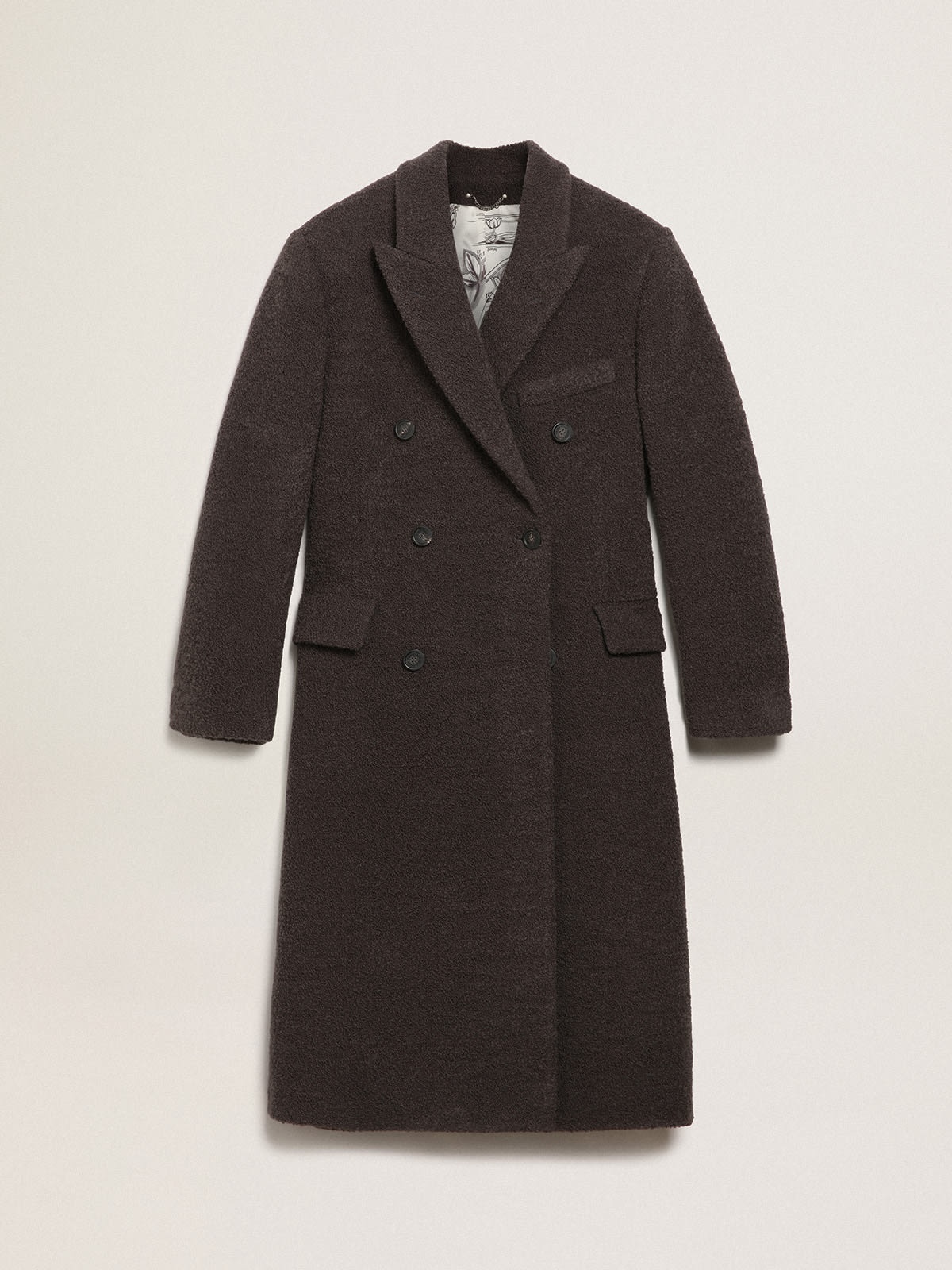 Men's double-breasted coat in licorice-colored bouclé wool - 1