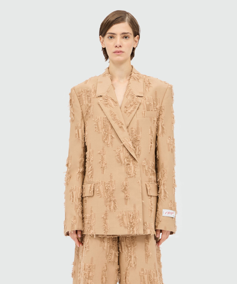 MSGM Beige double-breasted frayed fil coupe jacket. outlook