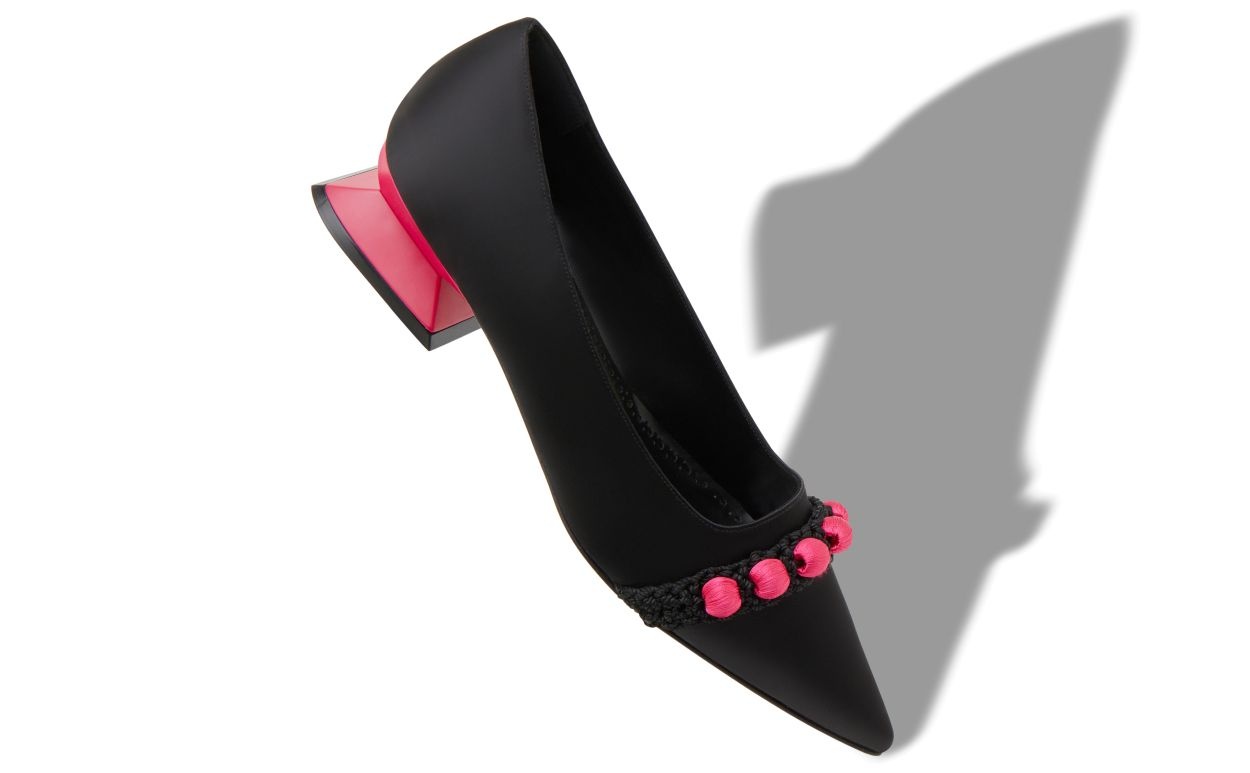 Black and Pink Satin Pom Pom Pumps - 2