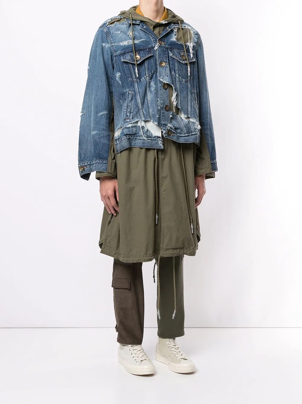 broken denim layered parka coat - 3