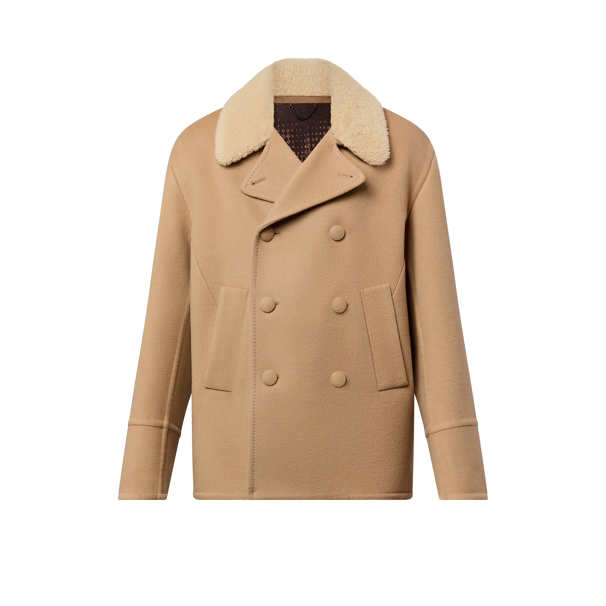 Double Face Wool-Silk Peacoat With Shearling Collar - 1