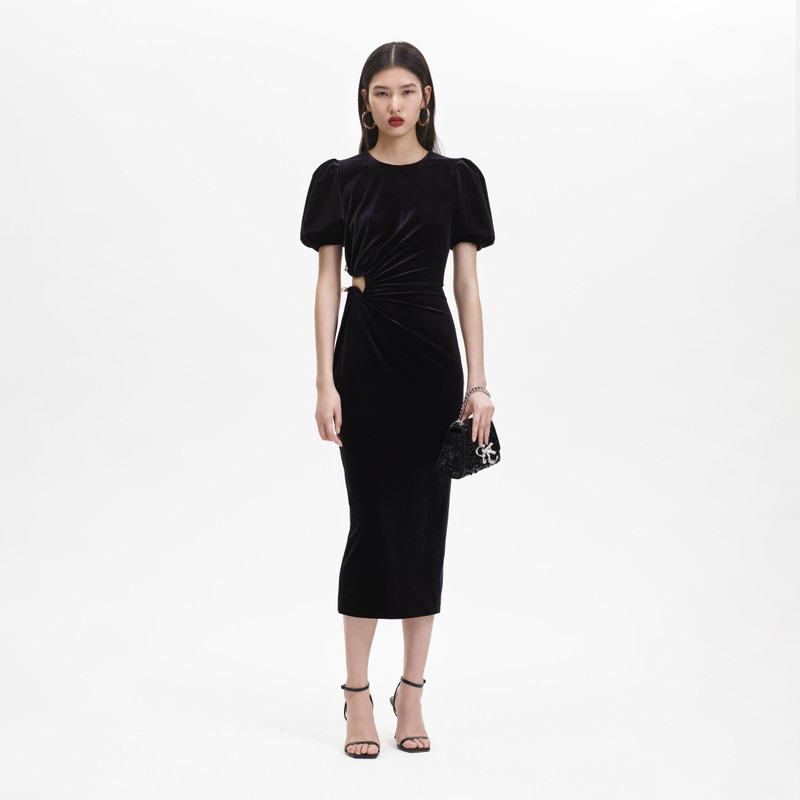 knee length dresses for ladies Black stretch velvet embellished midi dress – Daniello.com