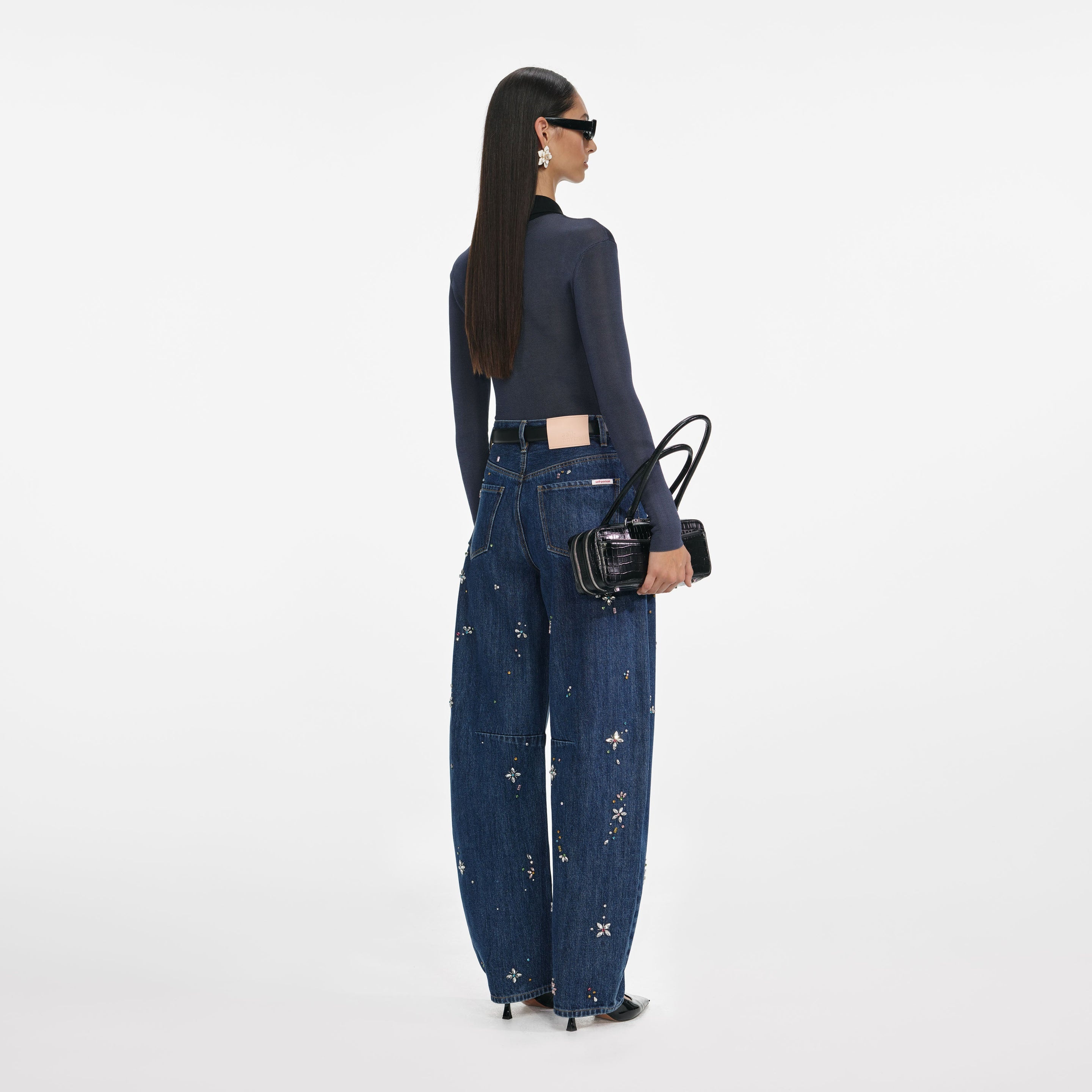 Blue Embellished Barrel Leg Jeans - 3