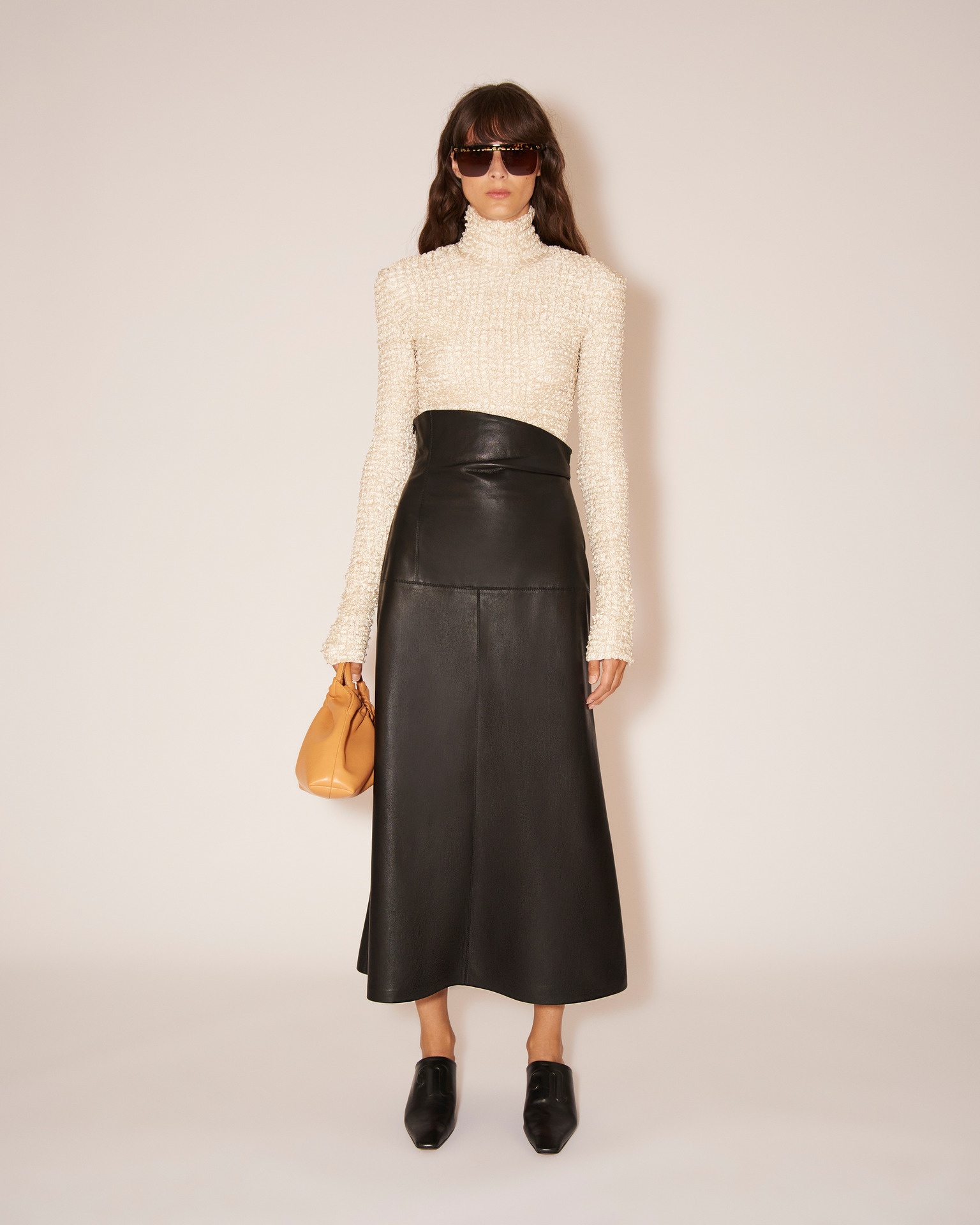MELODY - Fluted vegan leather midi skirt - Black - 2