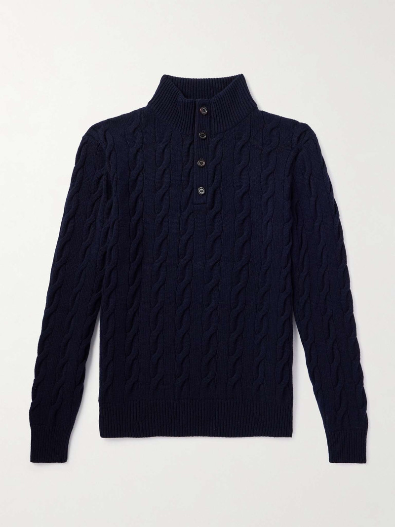 Suede-Trimmed Cable-Knit Cashmere Sweater 1